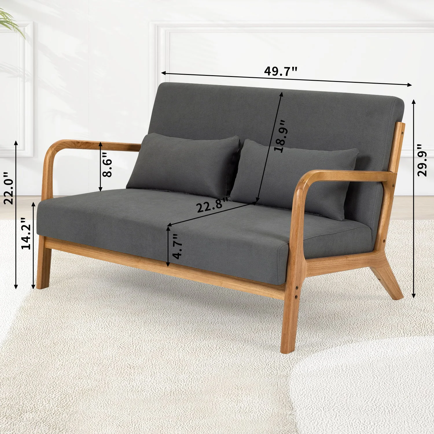 Leisure Chair With Solid Wood Armrest And Feet, Mid-Century Modern Accent Sofa, 2 Seat - Image 12