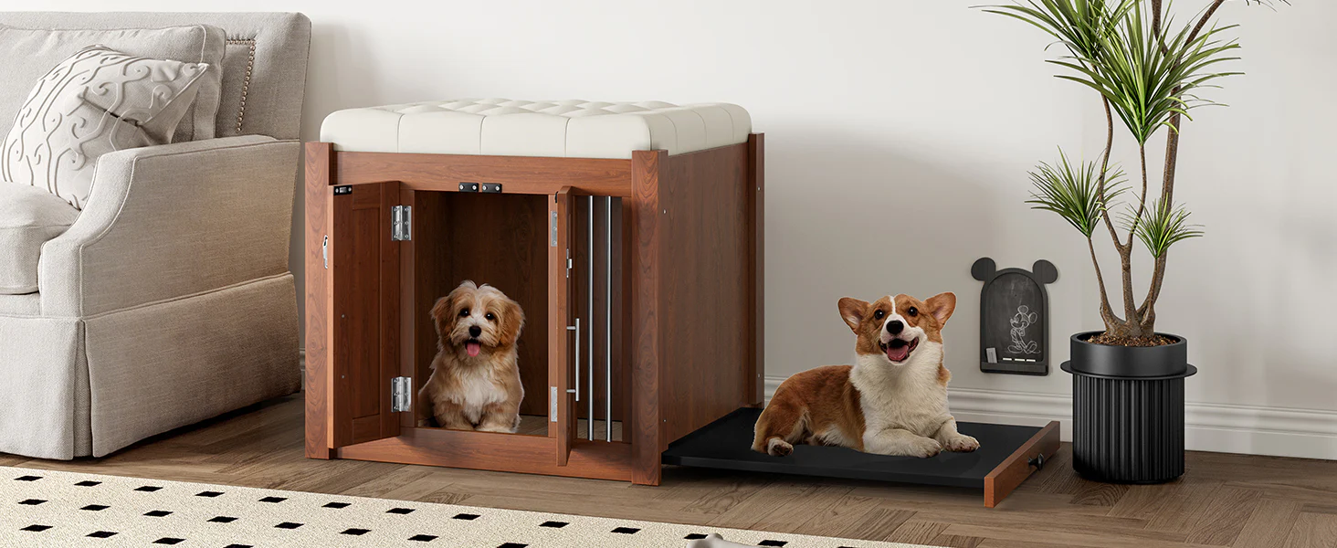 Lennox Furniture-Style Dog Crate Ottoman Bench with Padded Seating and Luxury Walnut Finish - Image 21