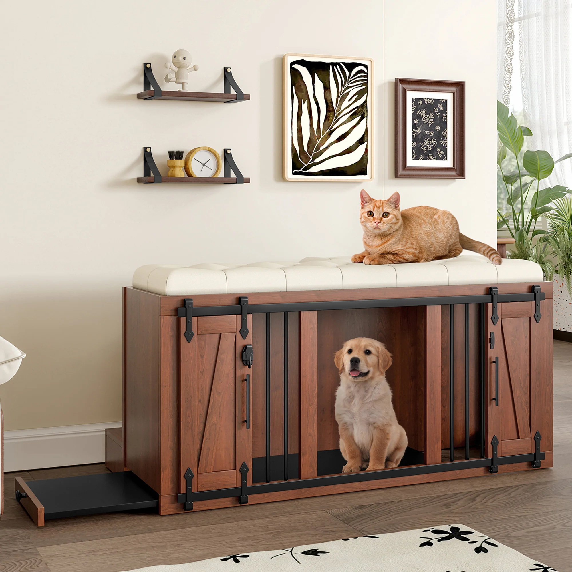 Lennox Furniture-Style Dog Crate Ottoman Bench with Padded Seating and Luxury Walnut Finish - Image 24
