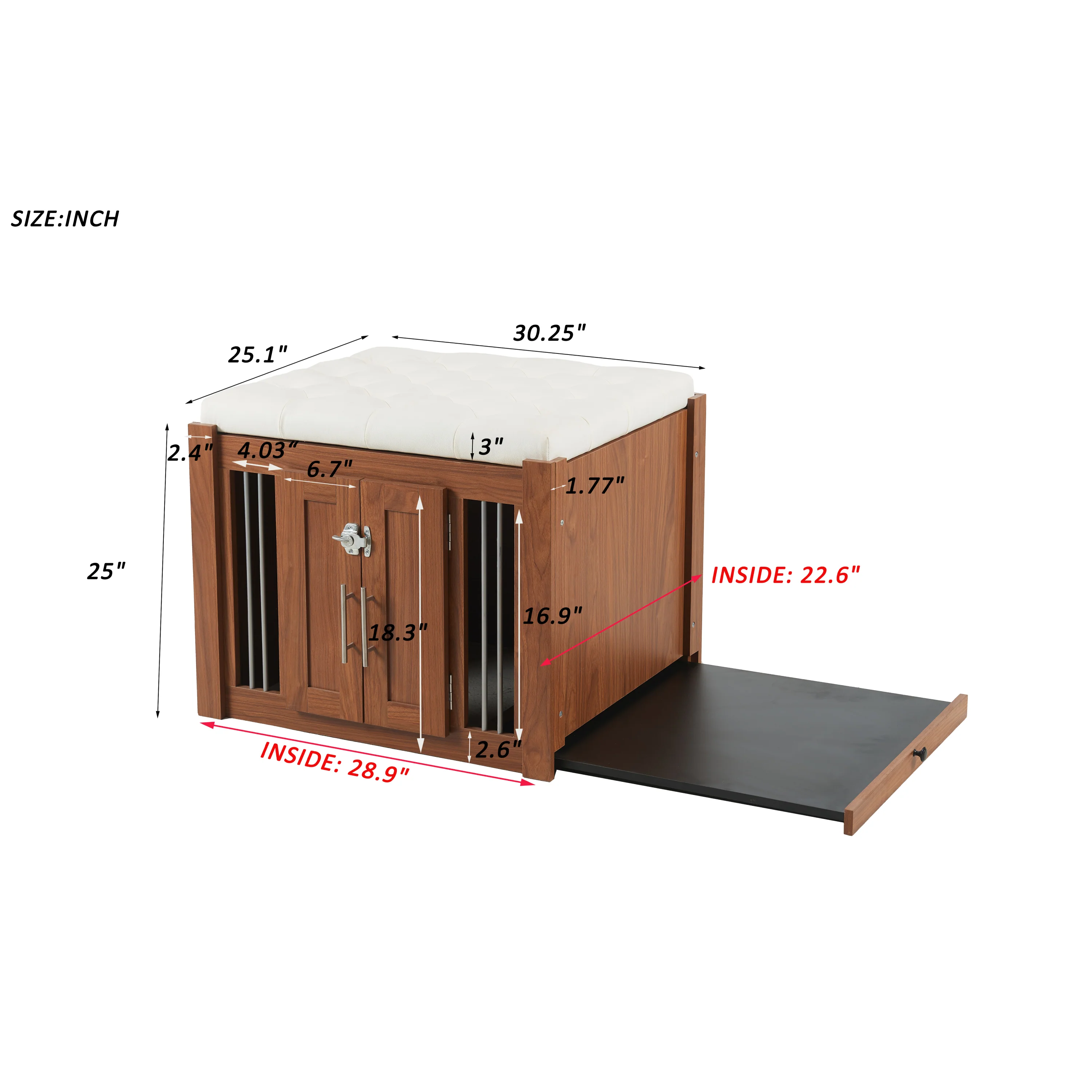 Lennox Furniture-Style Dog Crate Ottoman Bench with Padded Seating and Luxury Walnut Finish - Image 3