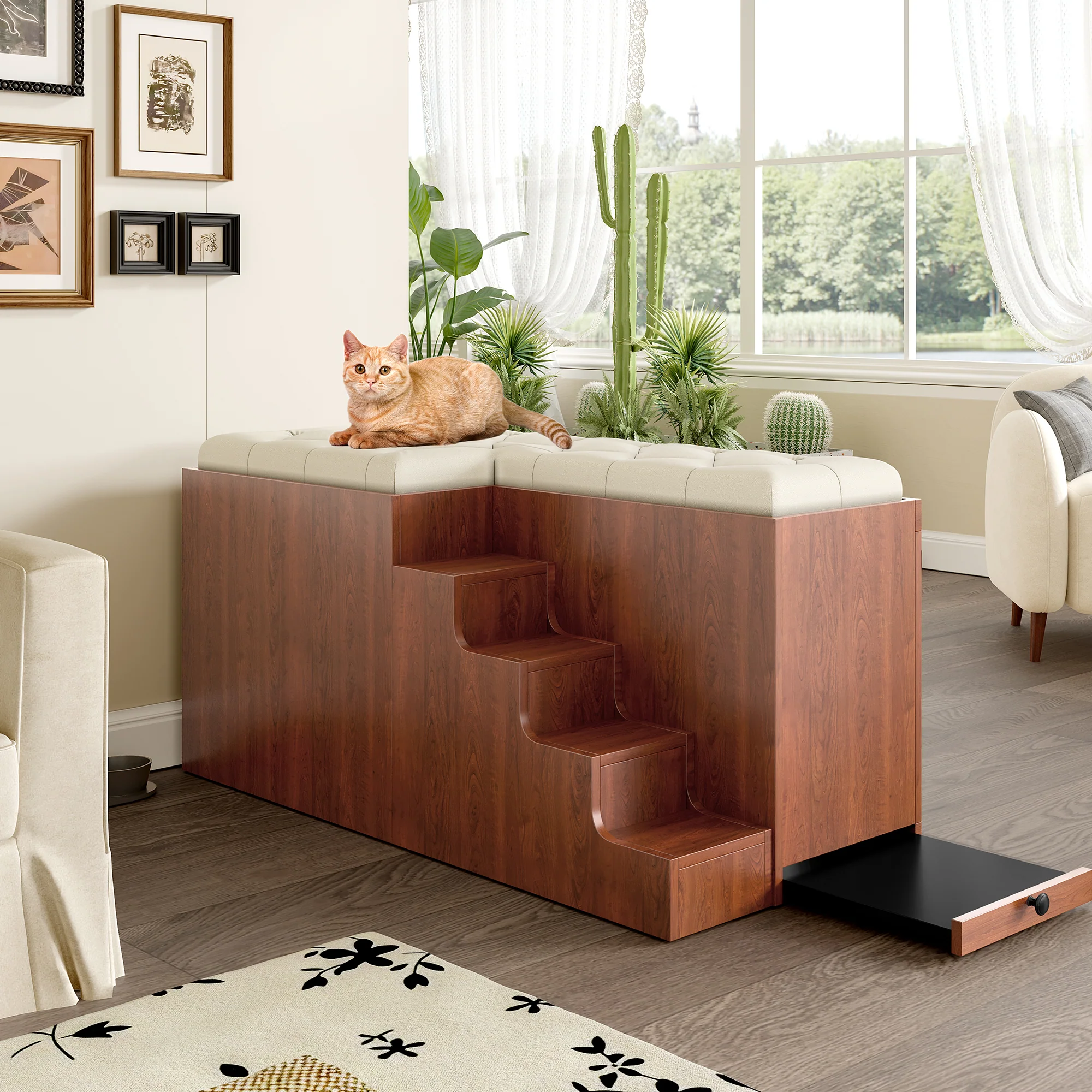 Lennox Furniture-Style Dog Crate Ottoman Bench with Padded Seating and Luxury Walnut Finish - Image 44