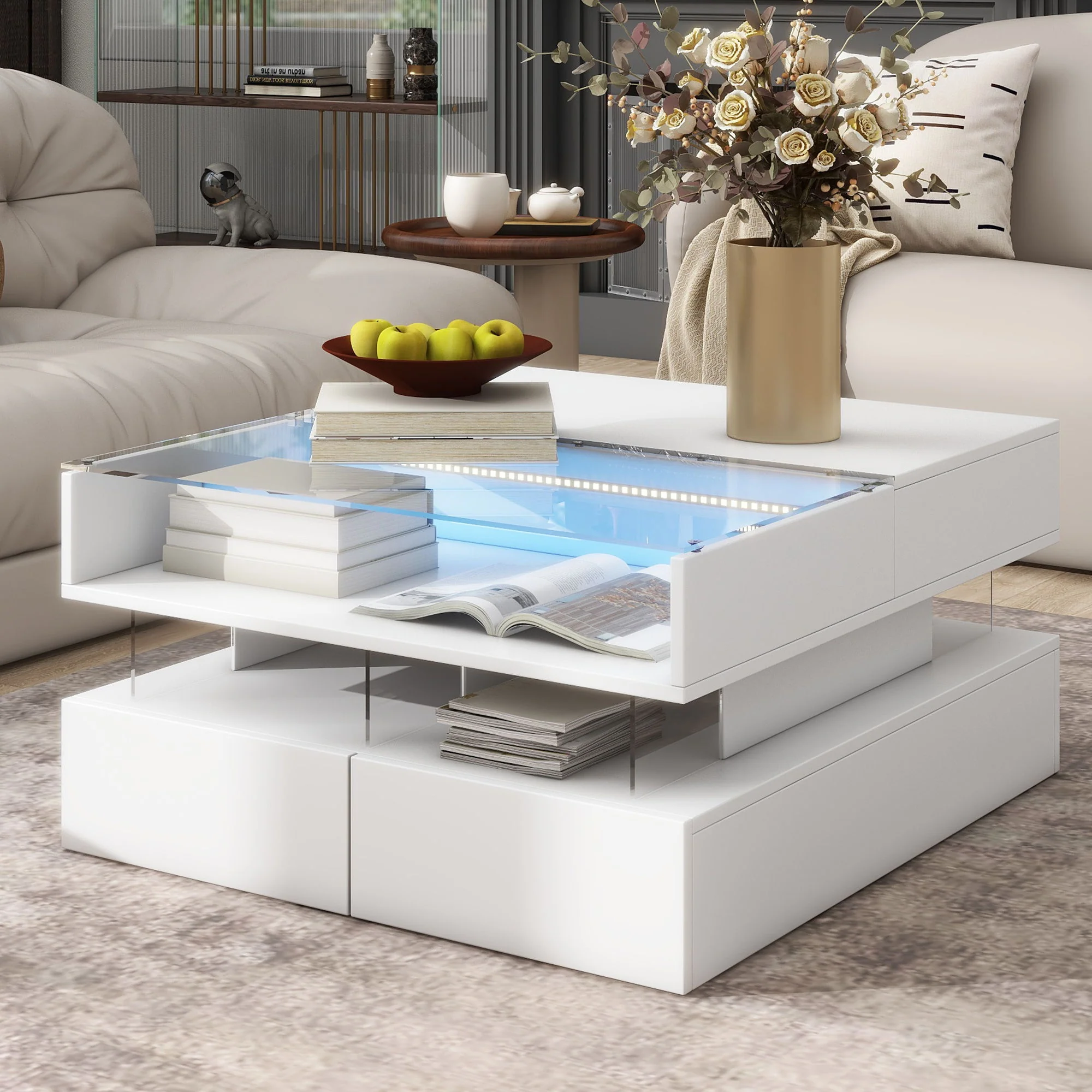 Lift Top Coffee Table With 2 Drawers, Hidden Space And LED Lights For Living Room - Image 7