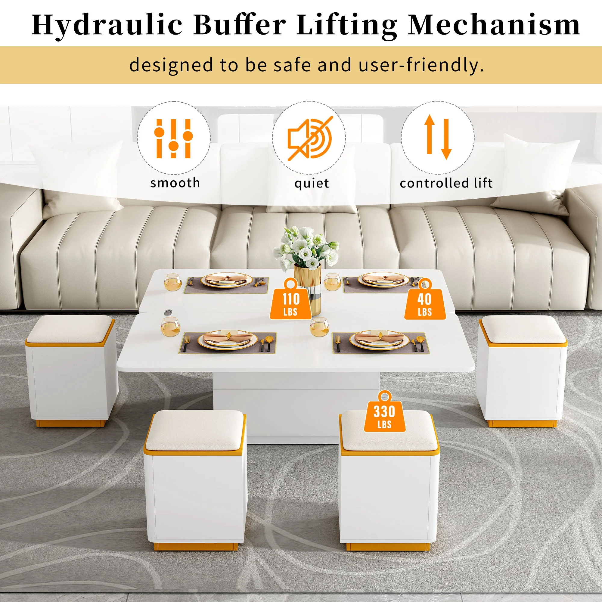 Lift Top Coffee Table With 4 Storage Stools - Image 10