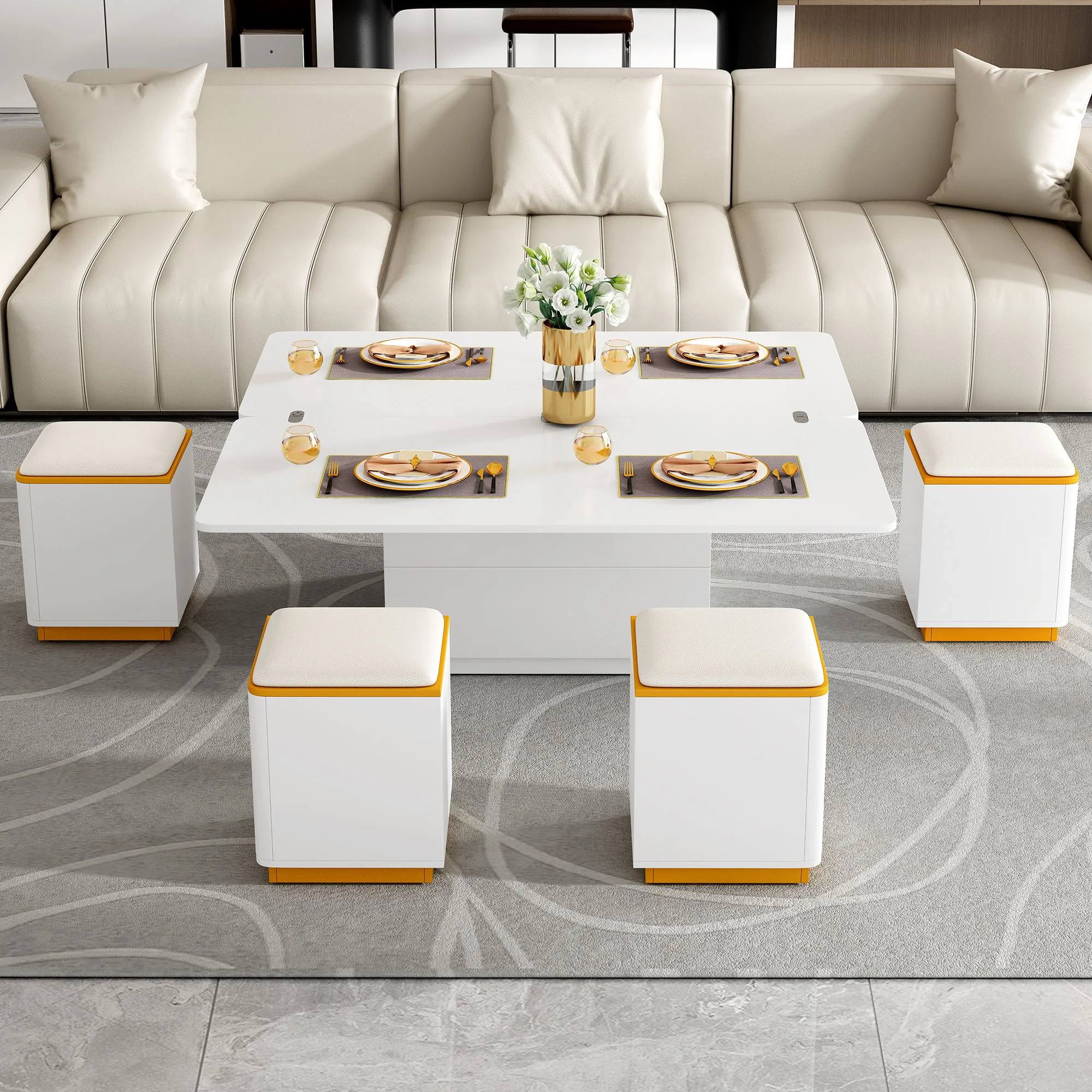 Lift Top Coffee Table With 4 Storage Stools - Image 7