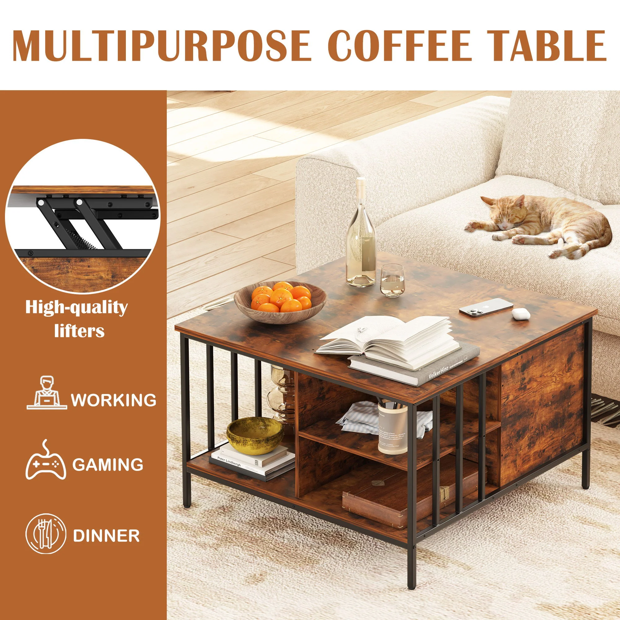 Lift Top Coffee Table With Storage, Adjustable Height Living Room - Black / Brown - Image 5