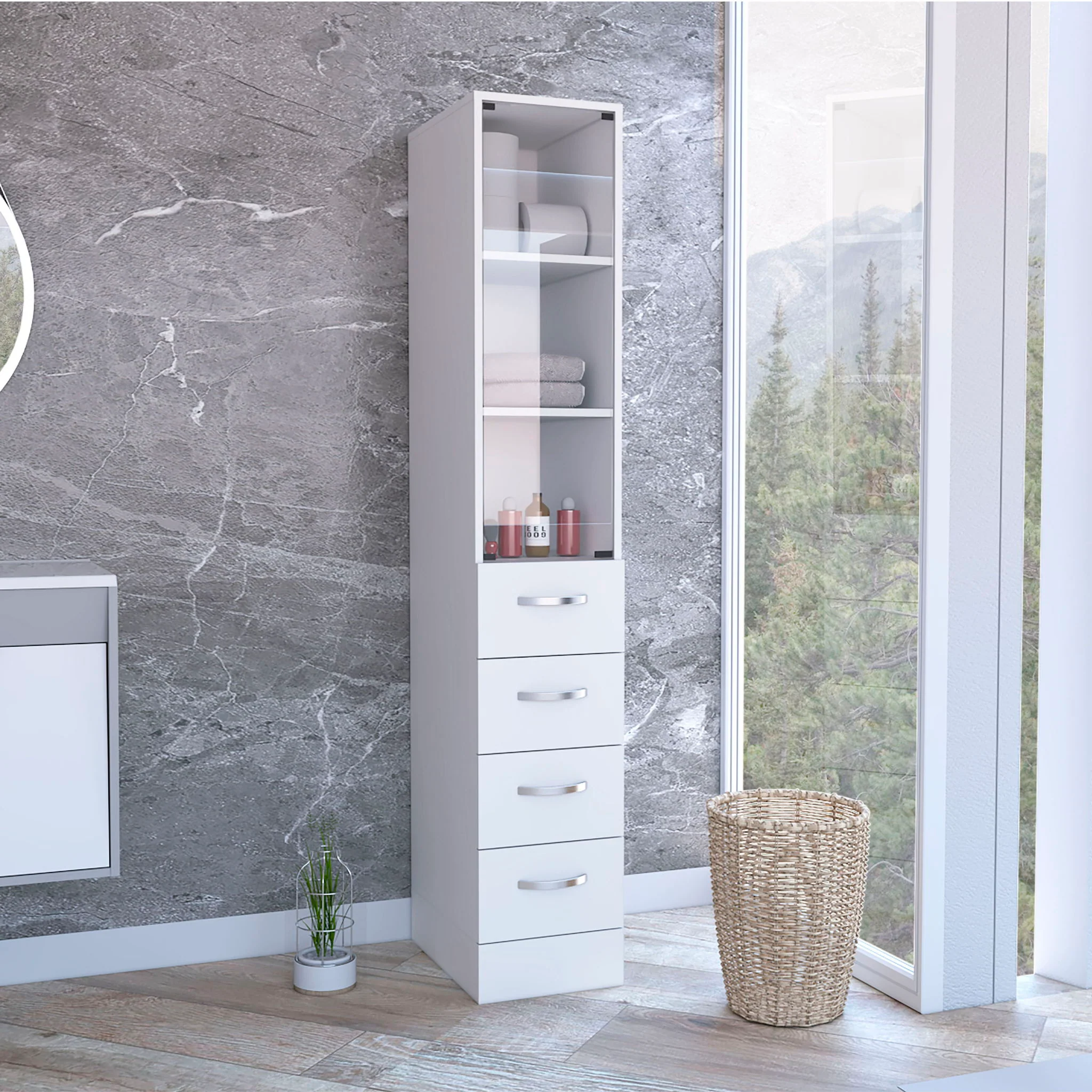 Linen Cabinet, 3 Shelves, 4 Drawers And Metal Handles - White - Image 5