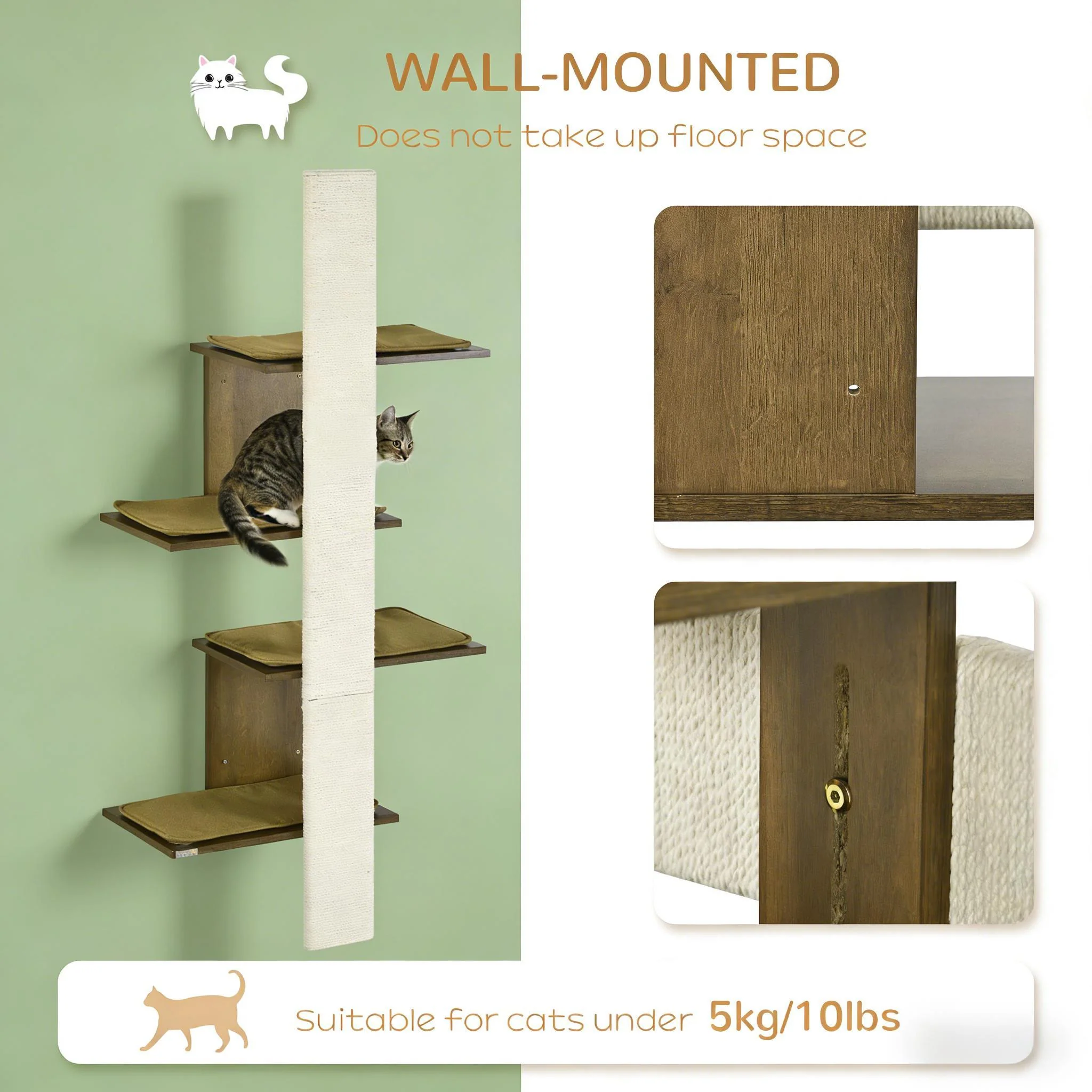 Lira 56" 4-Layer Wall-Mounted Cat Tree Shelves with Jute Scratching Post - Image 4