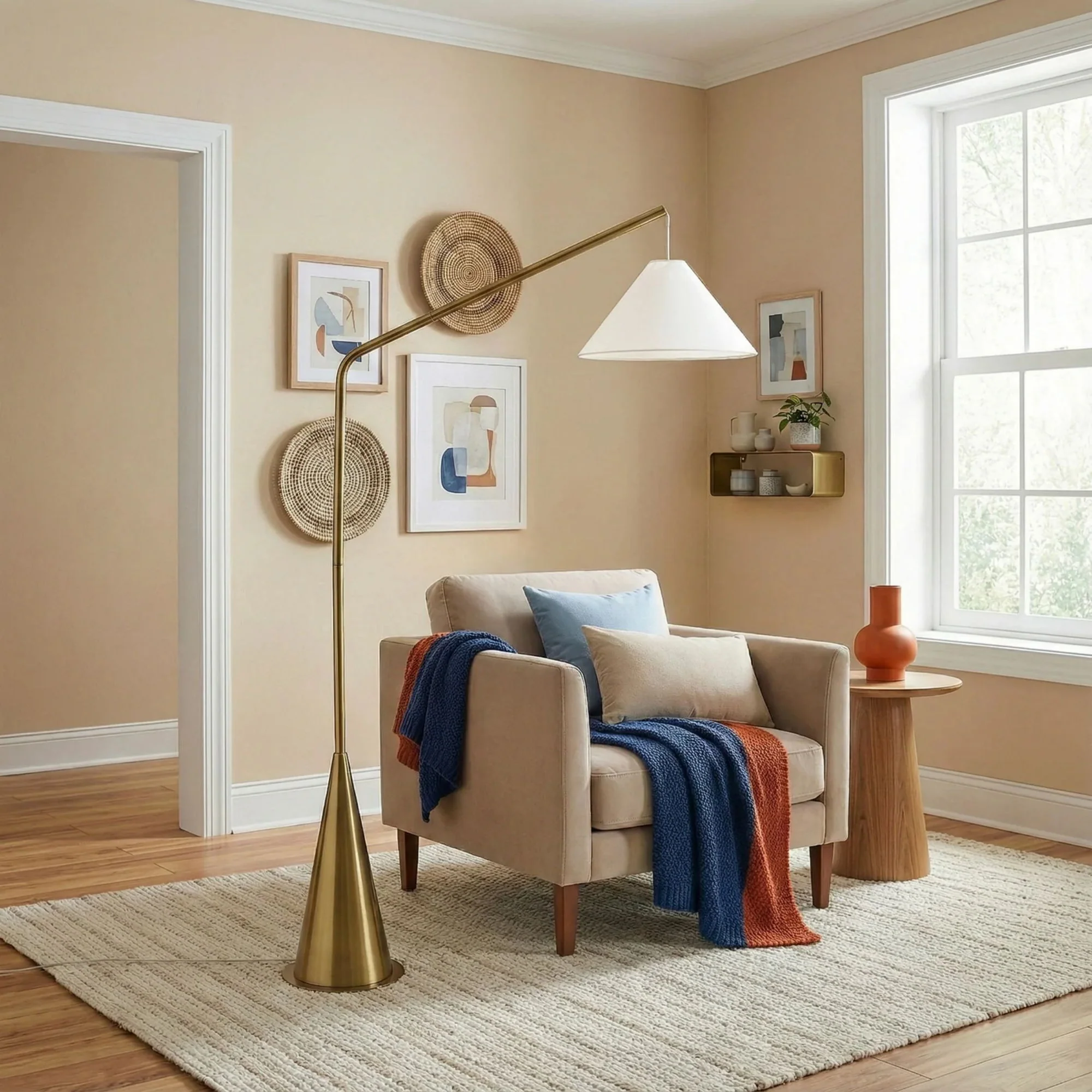 Lisbon - Floor Lamp With On / Off Switch Coned Base Hanging Shade - Antique Brass / White - Image 9