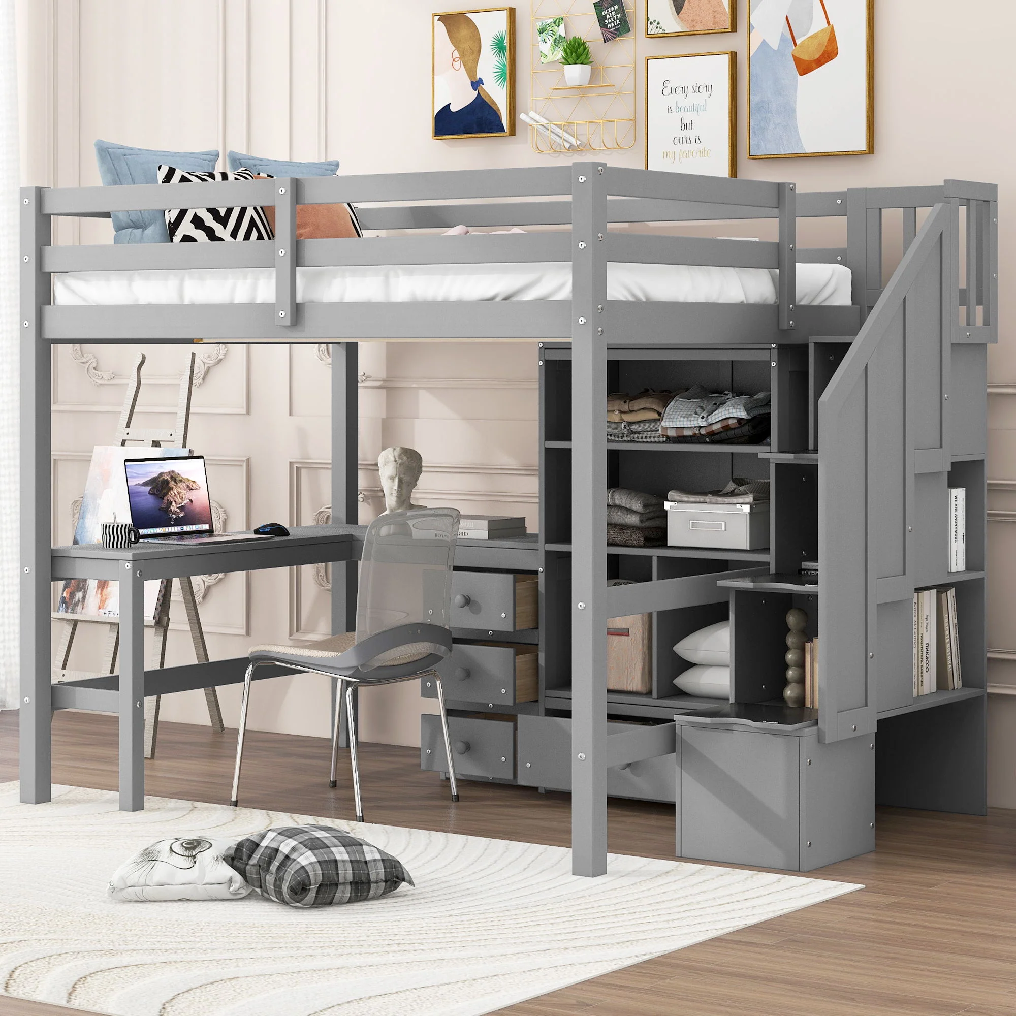 Loft Bed & L Shaped Desk, Drawers, Cabinet, And Storage Staircase - Image 14
