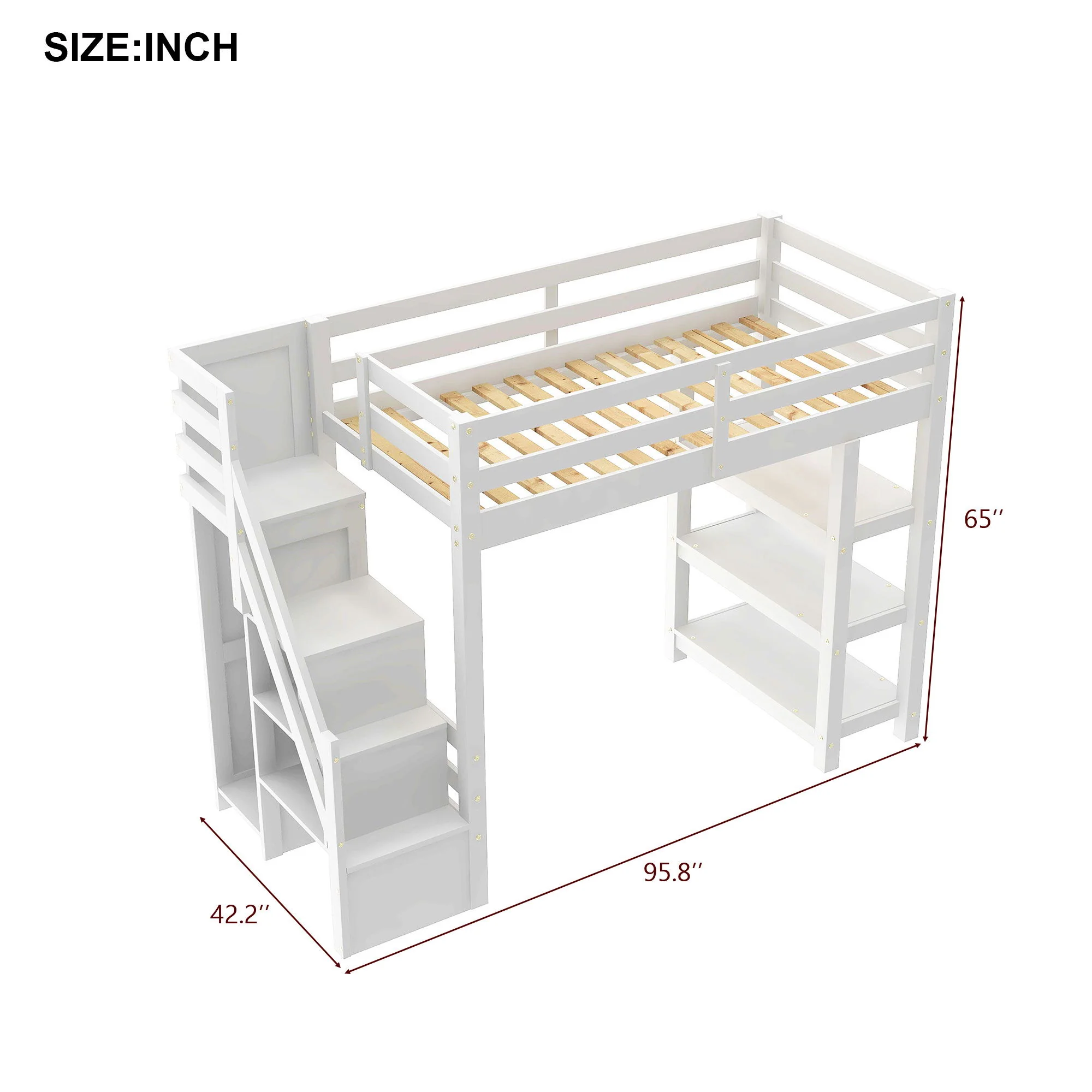 Loft Bed With 4 Layer Shelves, Storage Staircase, Small Wardrobe And LED Light - Image 7