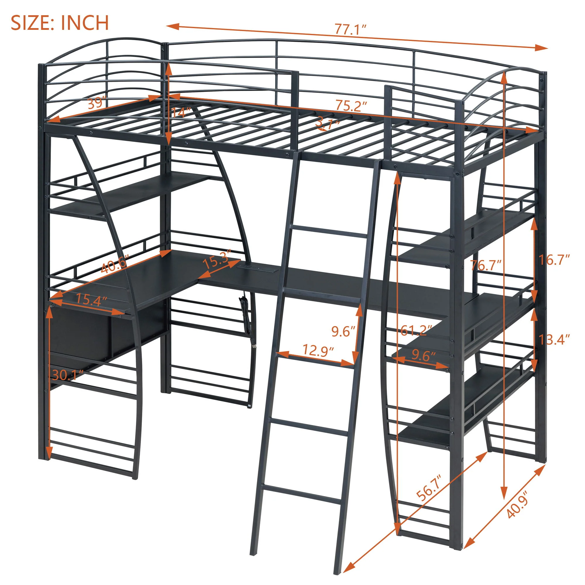Loft Bed With 4 Layers Of Shelves And L-Shaped Desk, Stylish Metal Frame Bed With A Set Of Sockets, USB Ports And And Wireless Charging - Image 4