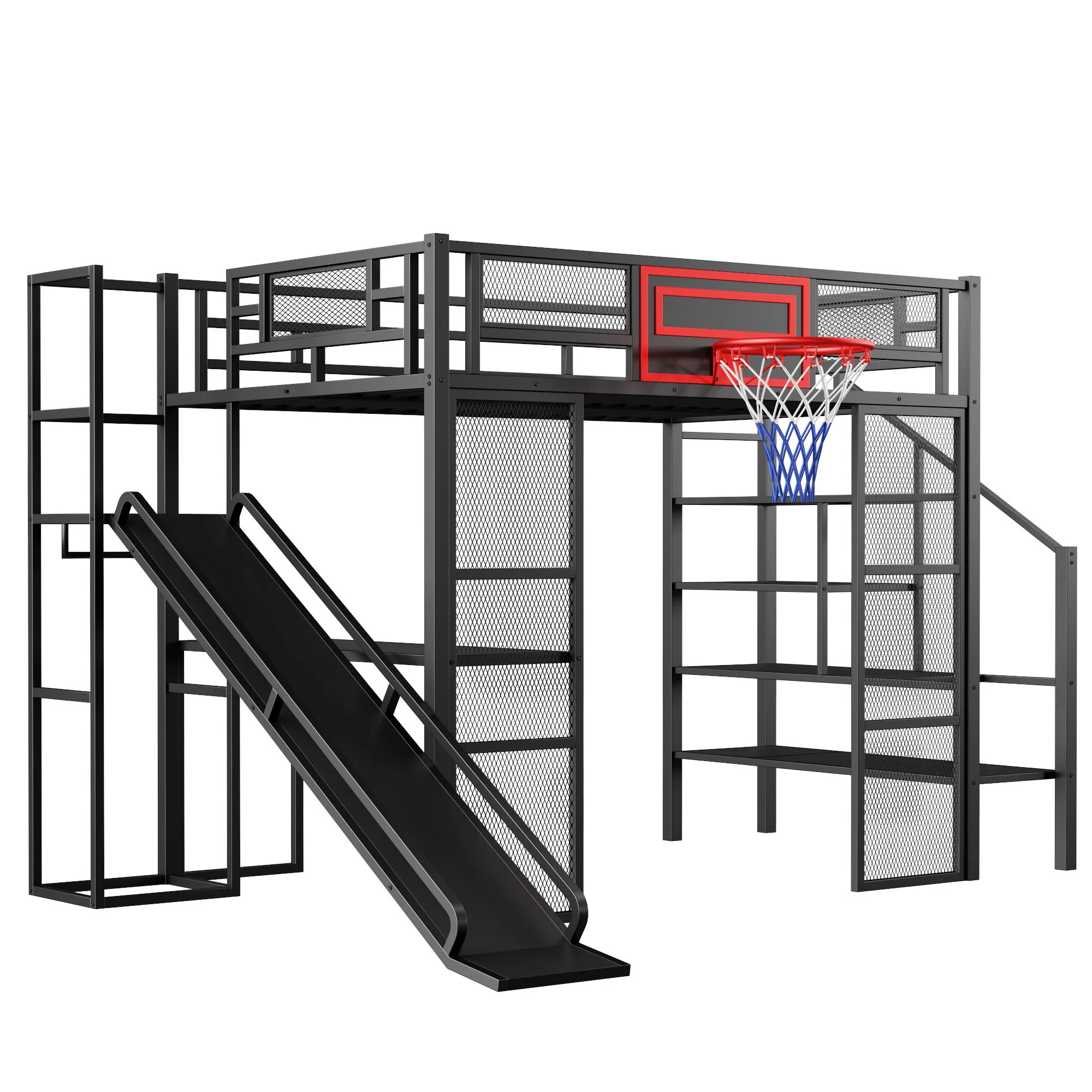 Loft Bed With Built In Desk, Open Wardrobe, Basketball Hoop, Slide And Staircase - Image 18