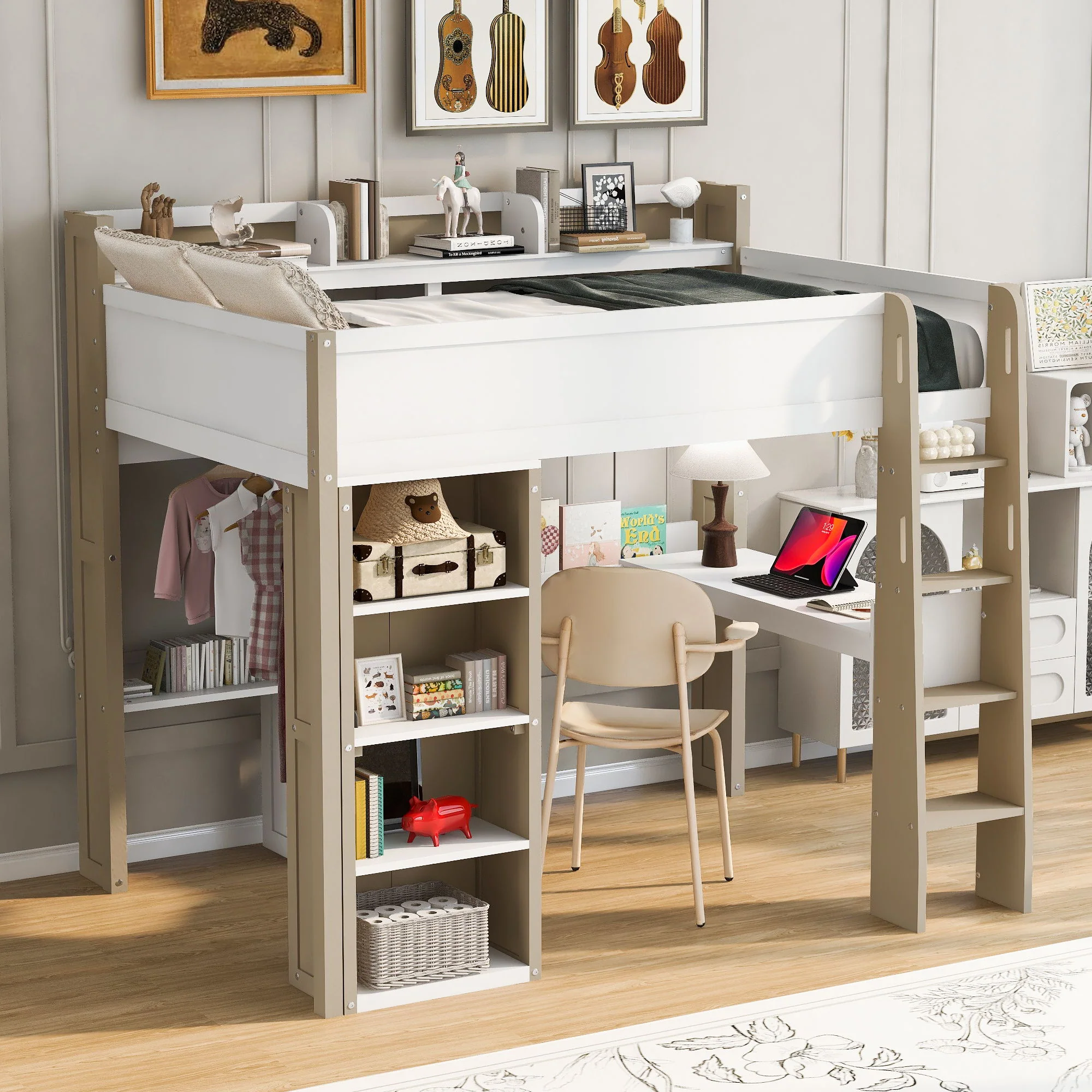 Loft Bed With Built In Storage Shelves, Clothes Rail, And Desk - Image 4