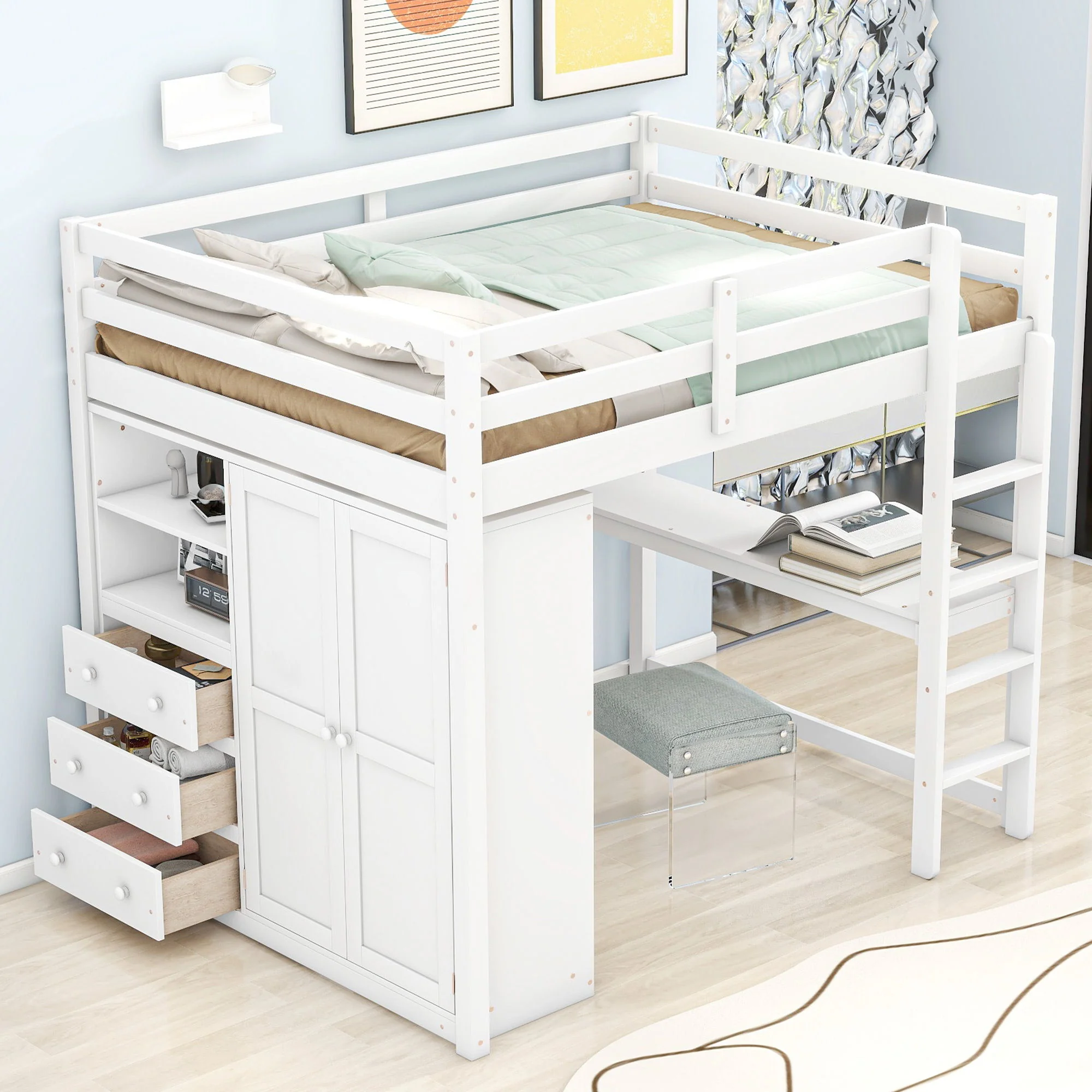 Loft Bed With Built In Wardrobe, Shelves And Drawers - Image 16