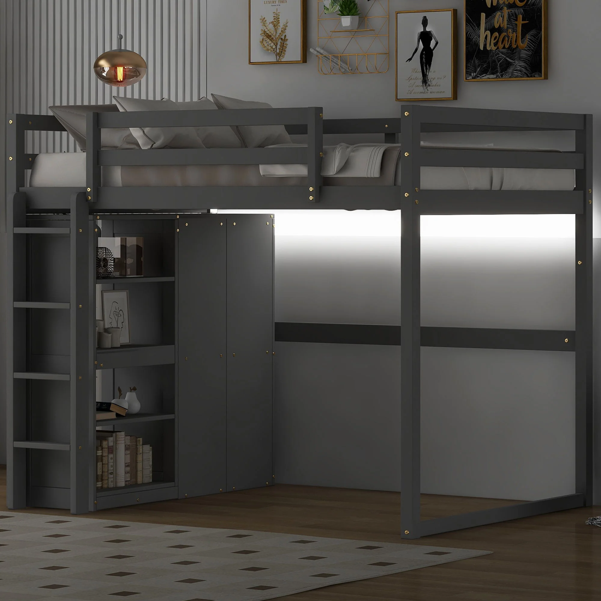 Loft Bed With Built In Wardrobe, Storage Shelves, And LED Light - Image 10