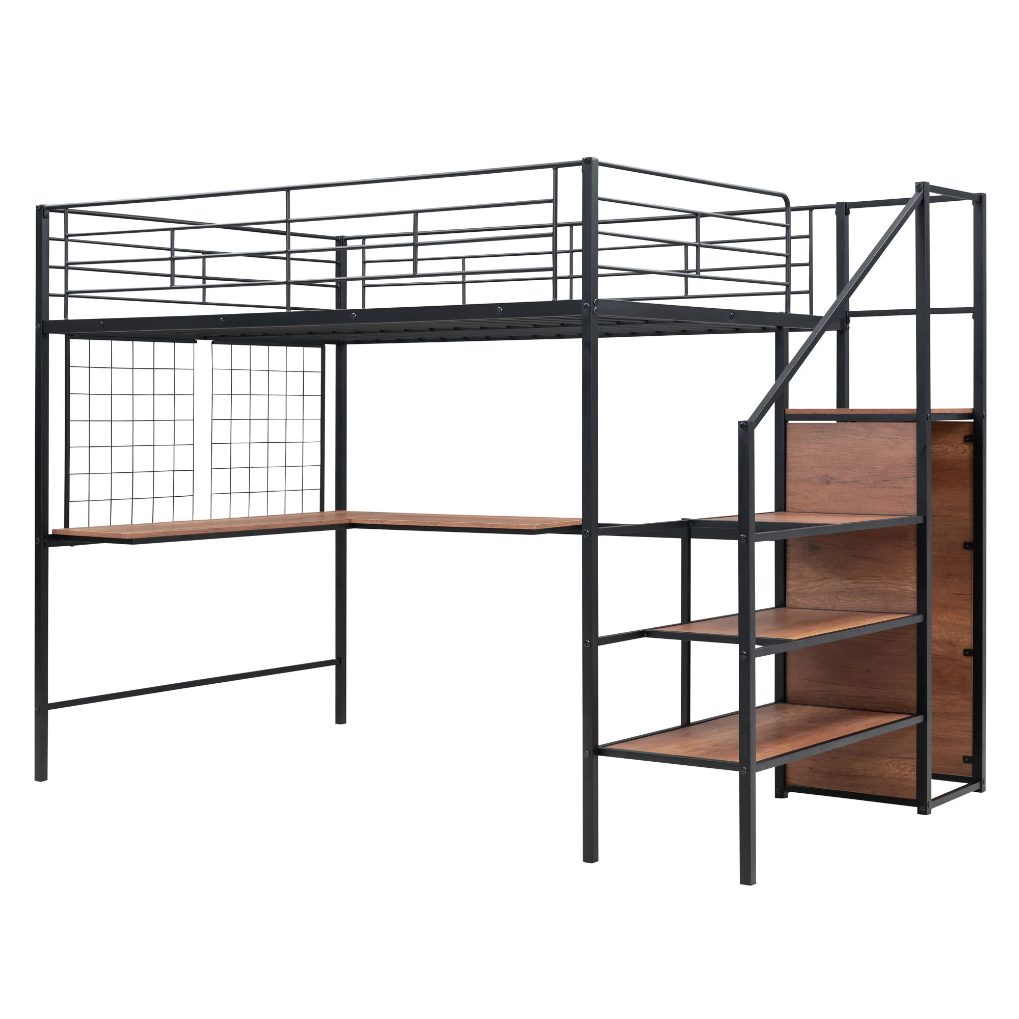 Loft Bed With Desk And Grid, Stylish Frame With Lateral Storage Ladder And Wardrobe - Image 10