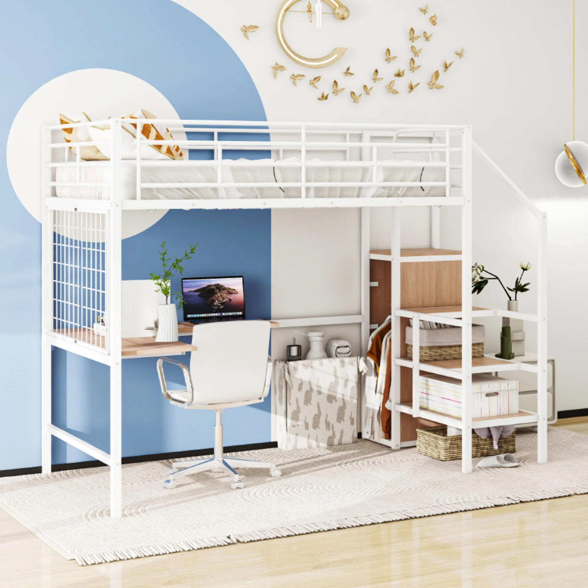 Loft Bed With Desk And Grid, Stylish Frame With Lateral Storage Ladder And Wardrobe - Image 3