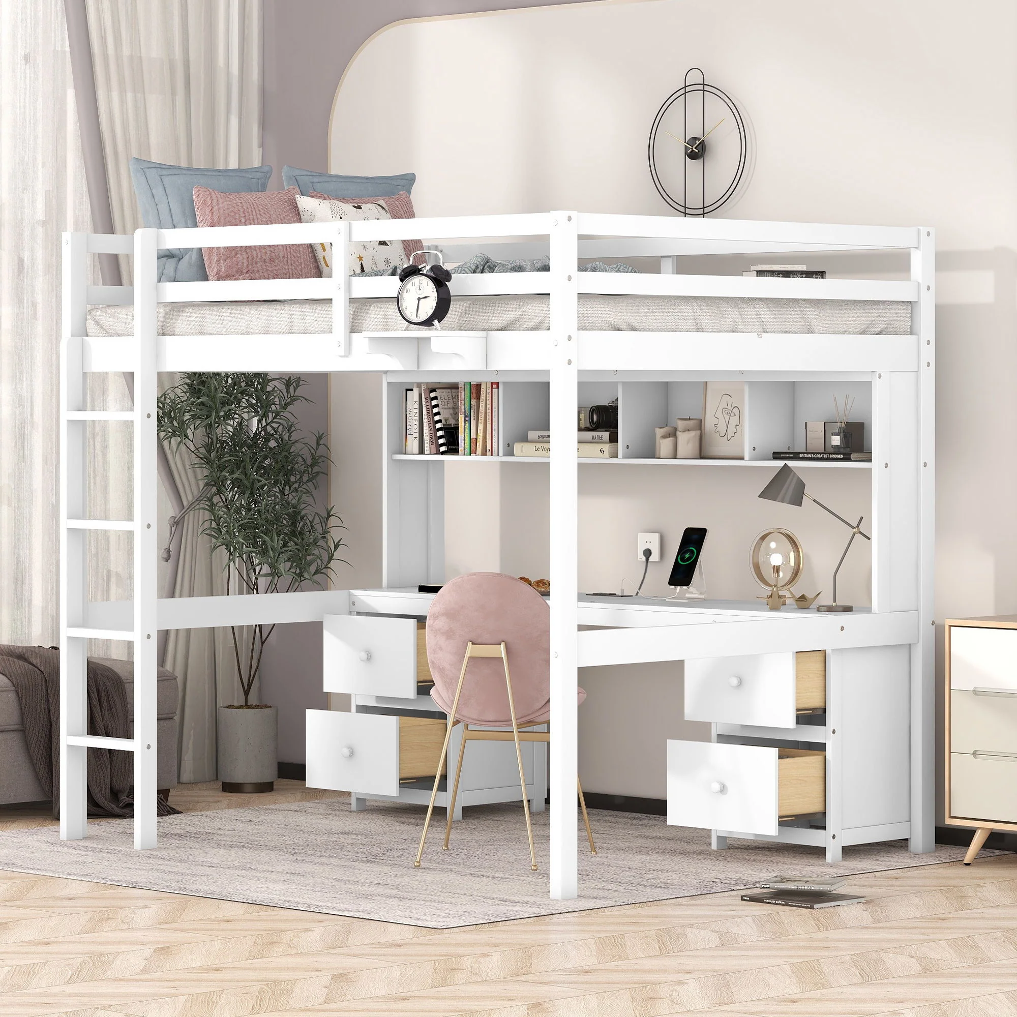 Loft Bed With Desk, Cabinets, Drawers, Charging Station And Bedside Tray - Image 15