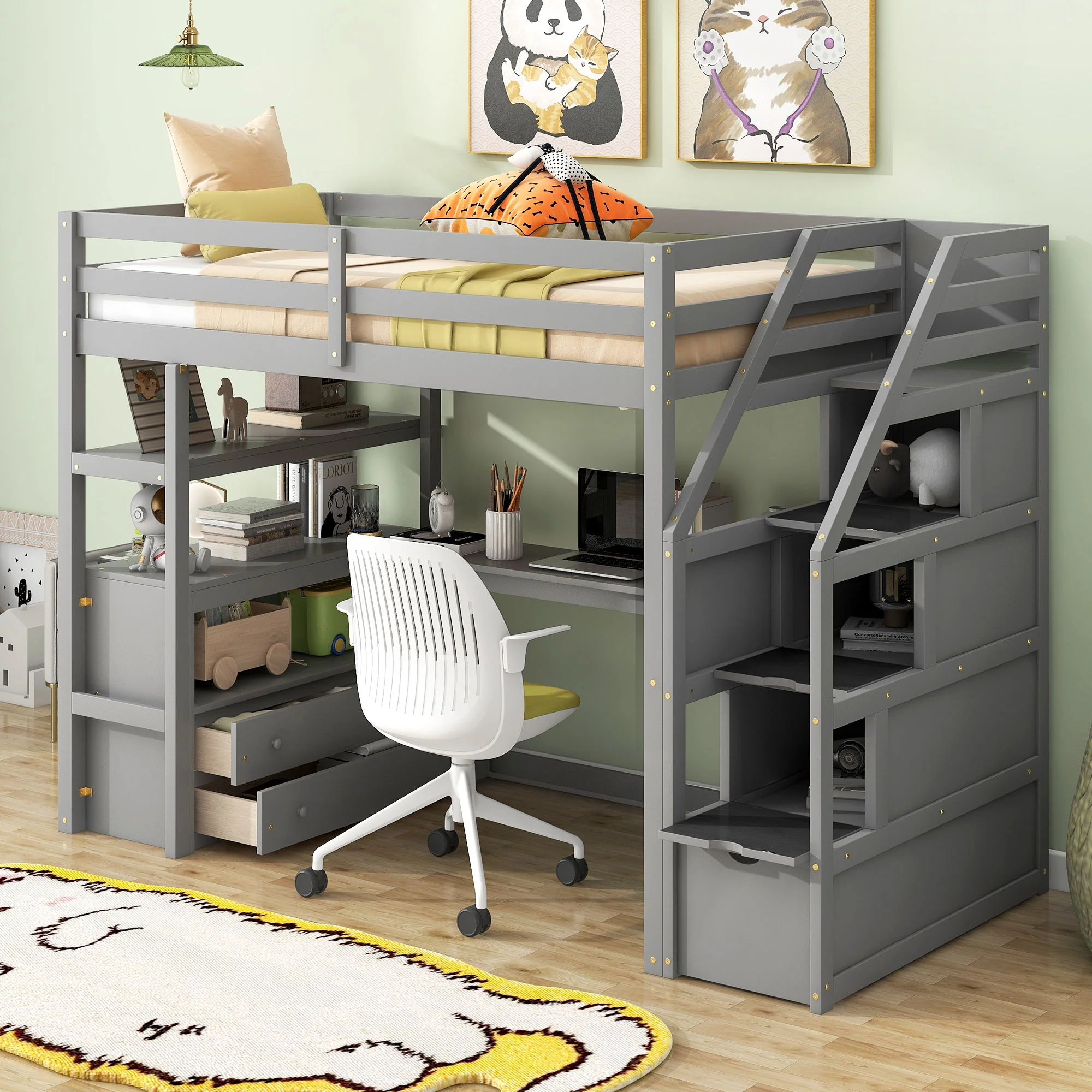 Loft Bed With Desk, Shelves, 2 Drawers, Storage Staircase - Image 26