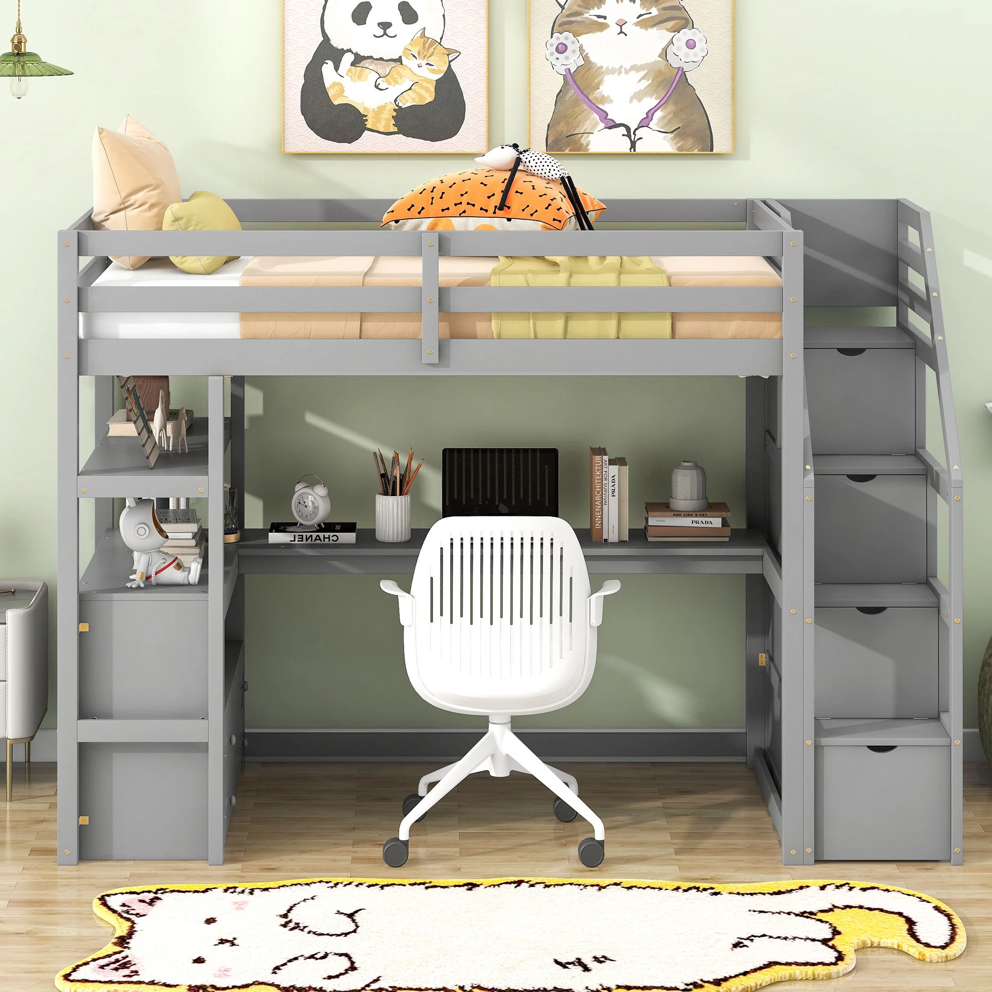Loft Bed With Desk, Shelves, 2 Drawers, Storage Staircase - Image 28