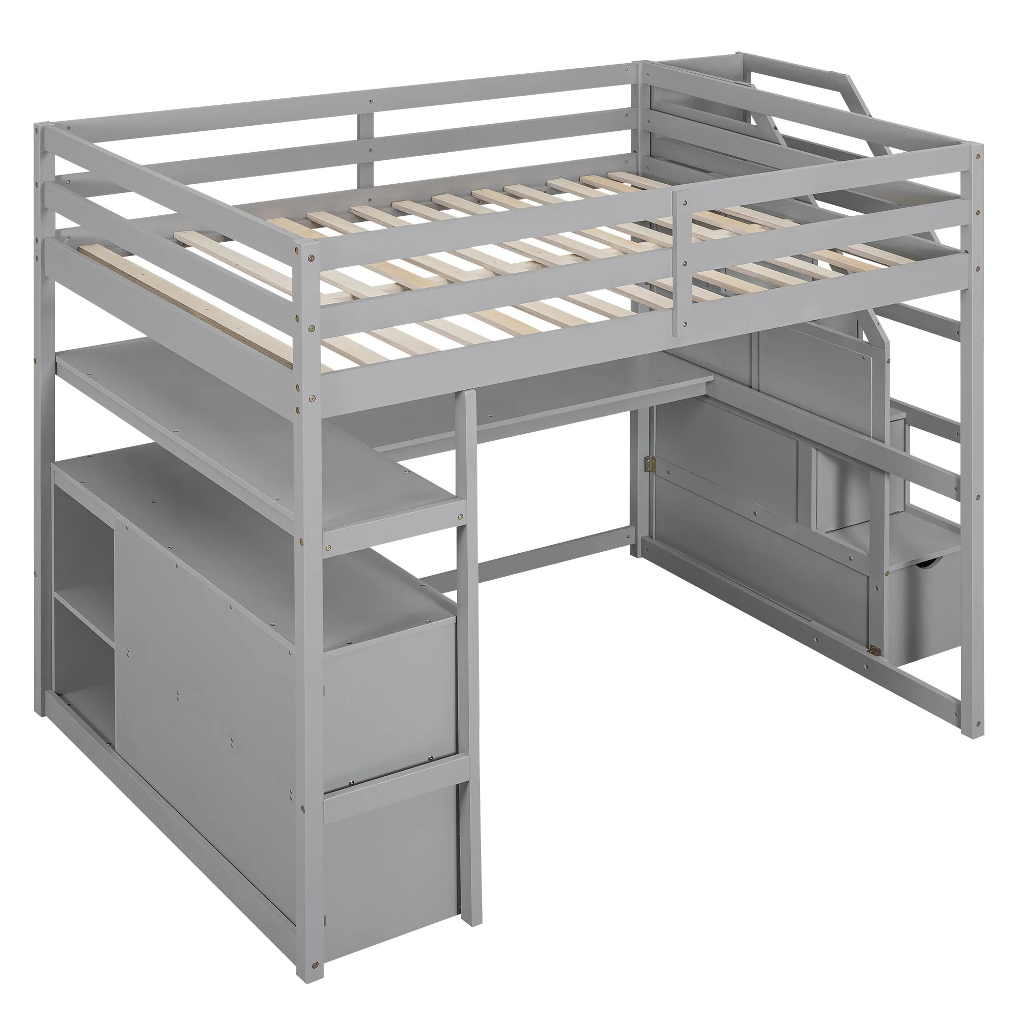 Loft Bed With Desk, Shelves, 2 Drawers, Storage Staircase - Image 35