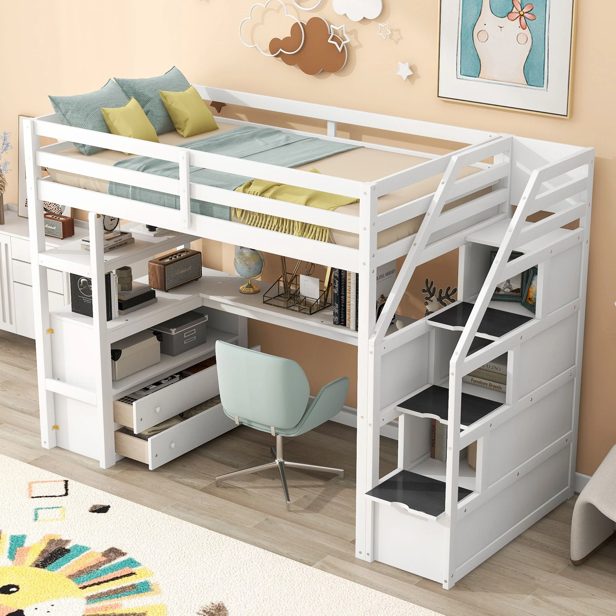 Loft Bed With Desk, Shelves, 2 Drawers, Storage Staircase - Image 6