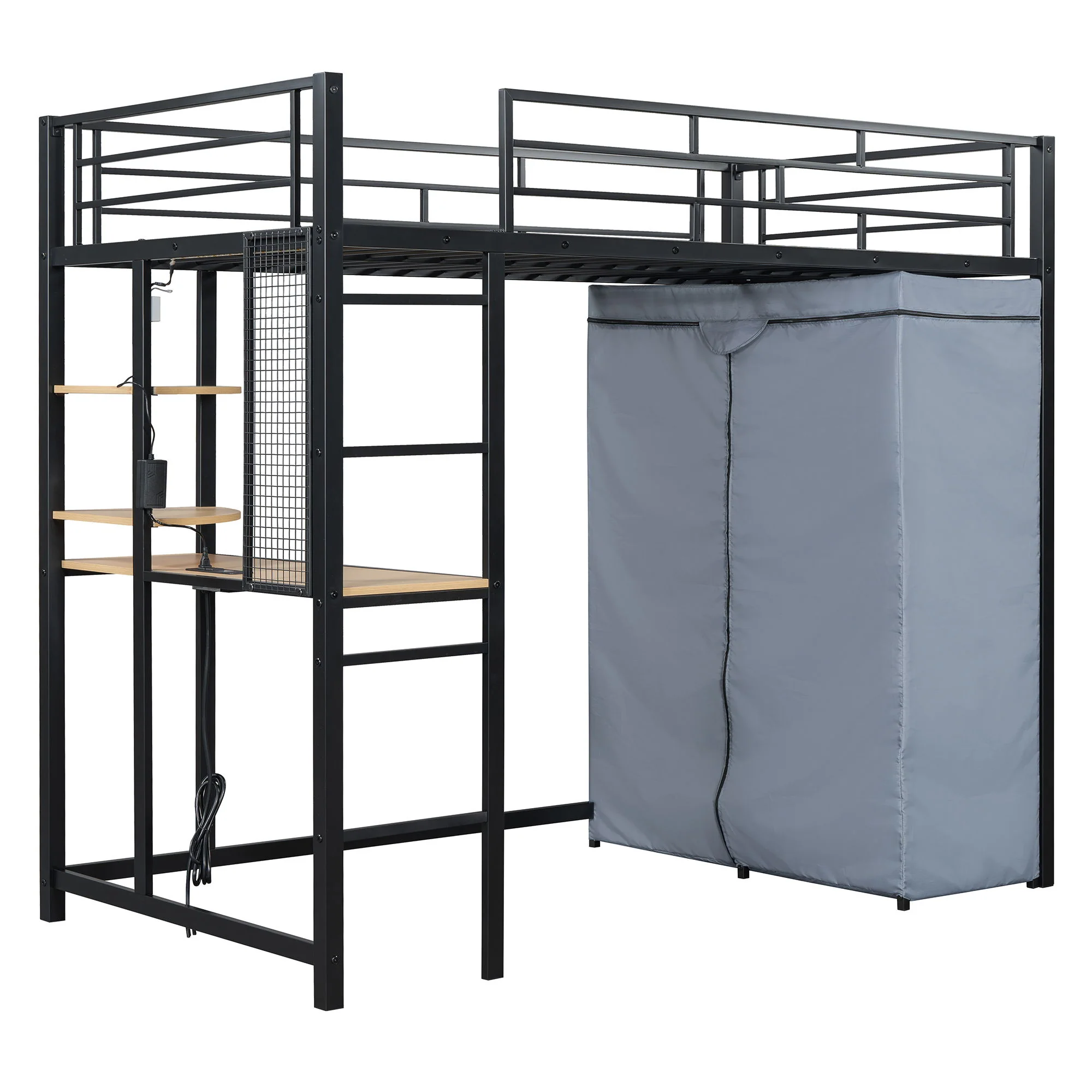 Loft Bed With Desk, Shelves, Power Outlet, LED Light And Wardrobe - Image 32