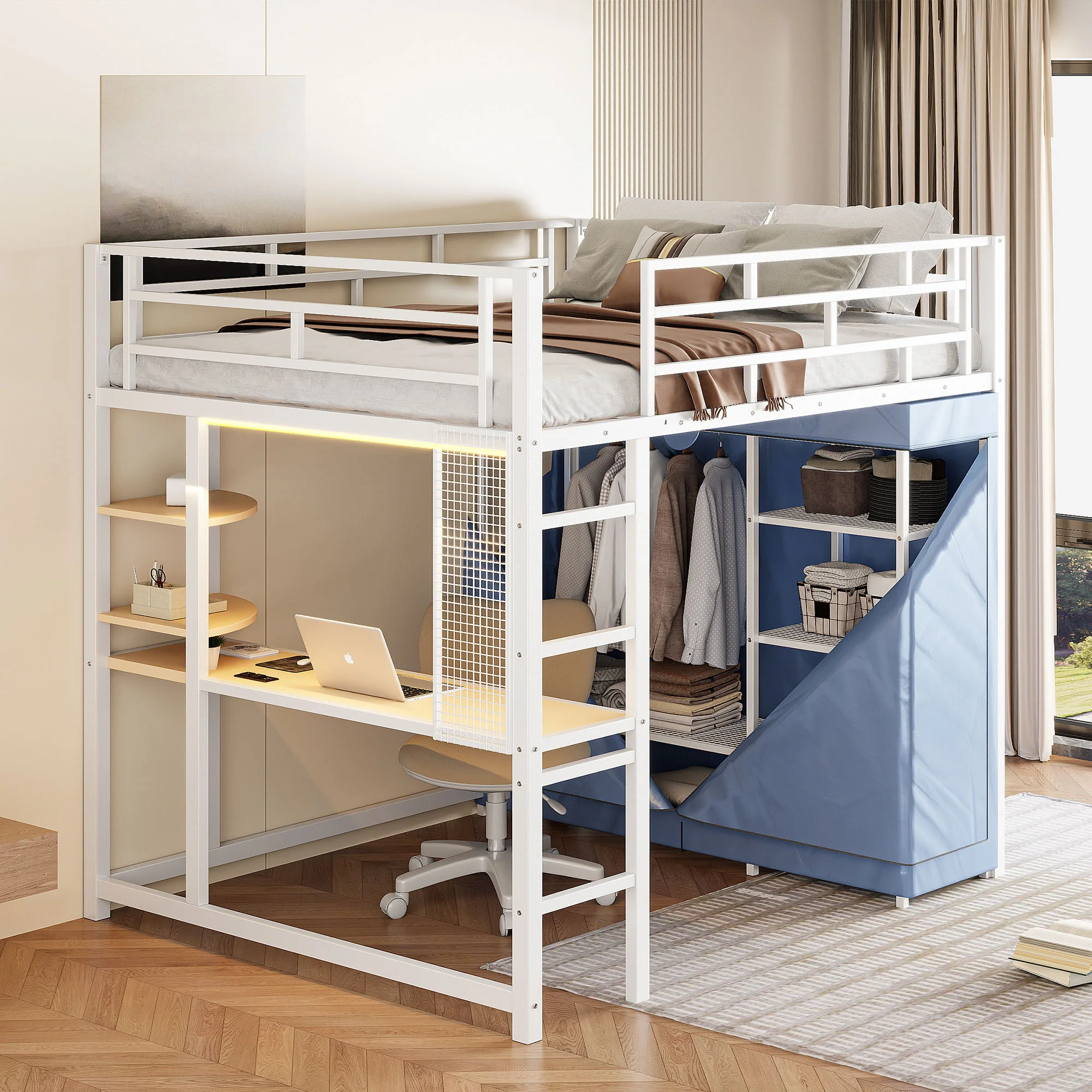Loft Bed With Desk, Shelves, Power Outlet, LED Light And Wardrobe - Image 4