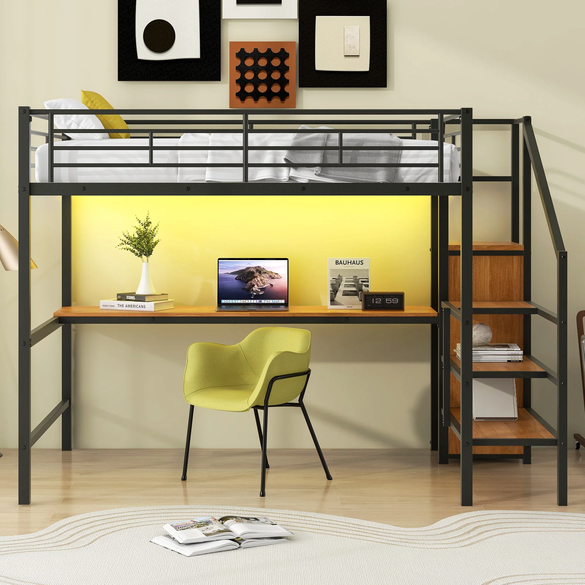 Loft Bed With Desk, Storage Staircase, Small Wardrobe And LED Light - Image 17