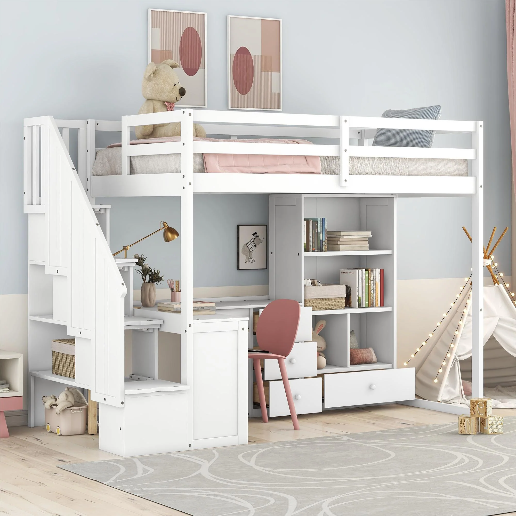 Loft Bed With L Shaped Desk, Drawers, Cabinet, And Storage Staircase - Image 13