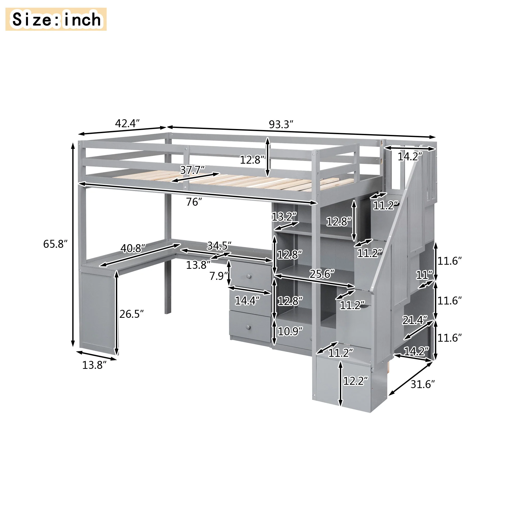 Loft Bed With L Shaped Desk, Drawers, Cabinet, And Storage Staircase - Image 5