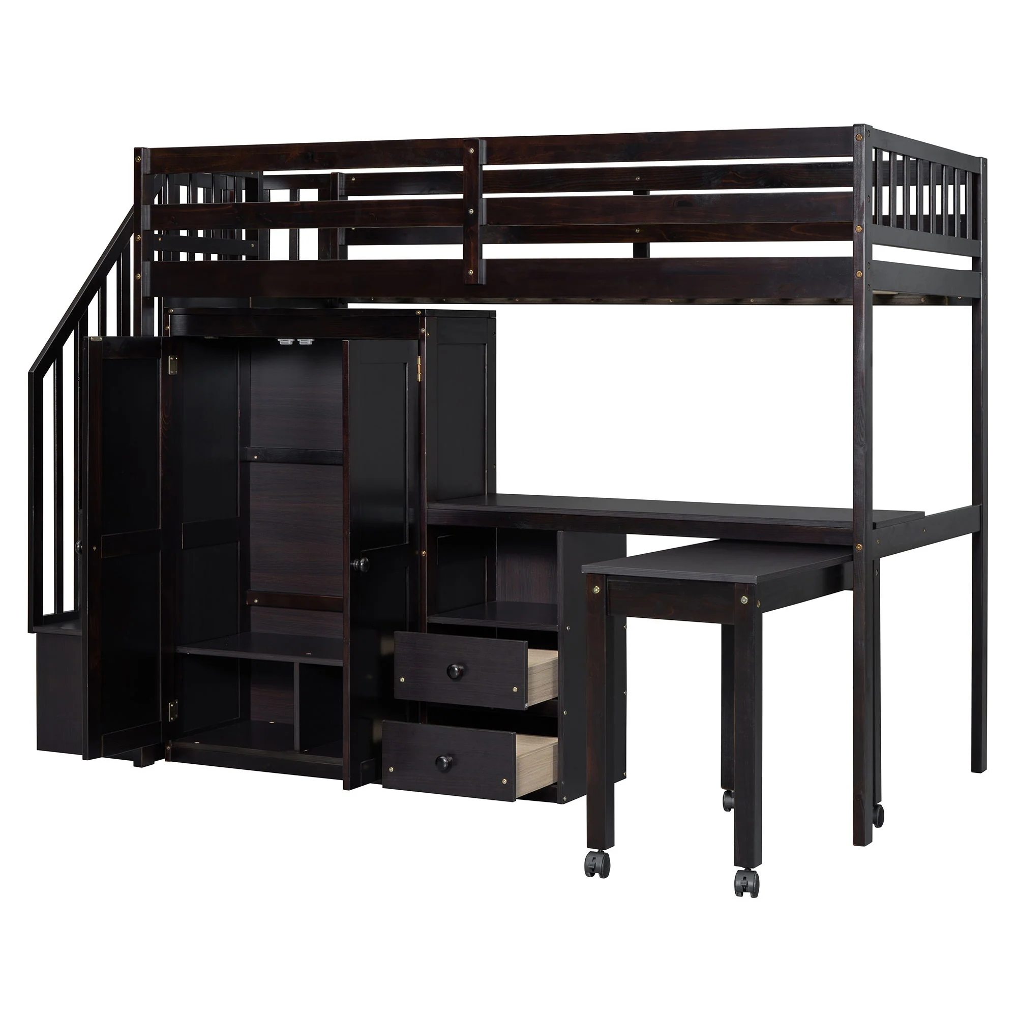 Loft Bed With Stairs, Bookshelf, Drawers, Desk & Wardrobe, Space Saving Multifunctional Furniture - Image 24