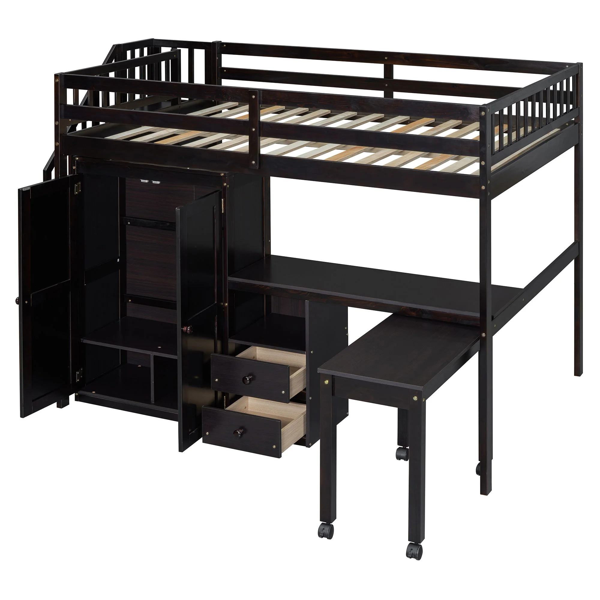 Loft Bed With Stairs, Bookshelf, Drawers, Desk & Wardrobe, Space Saving Multifunctional Furniture - Image 28