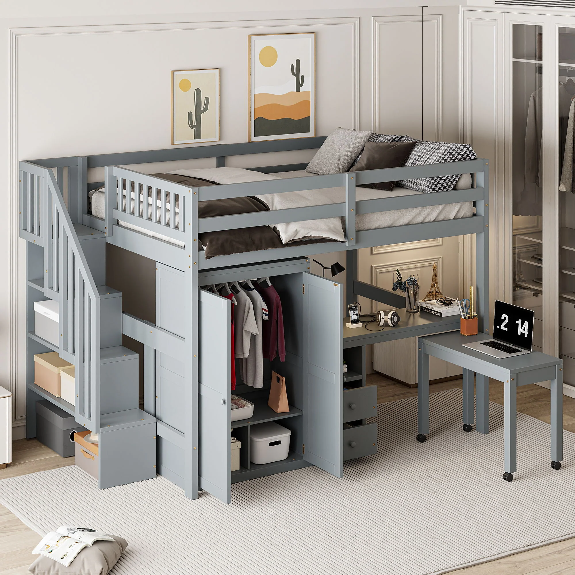 Loft Bed With Stairs, Bookshelf, Drawers, Desk & Wardrobe, Space Saving Multifunctional Furniture - Image 7