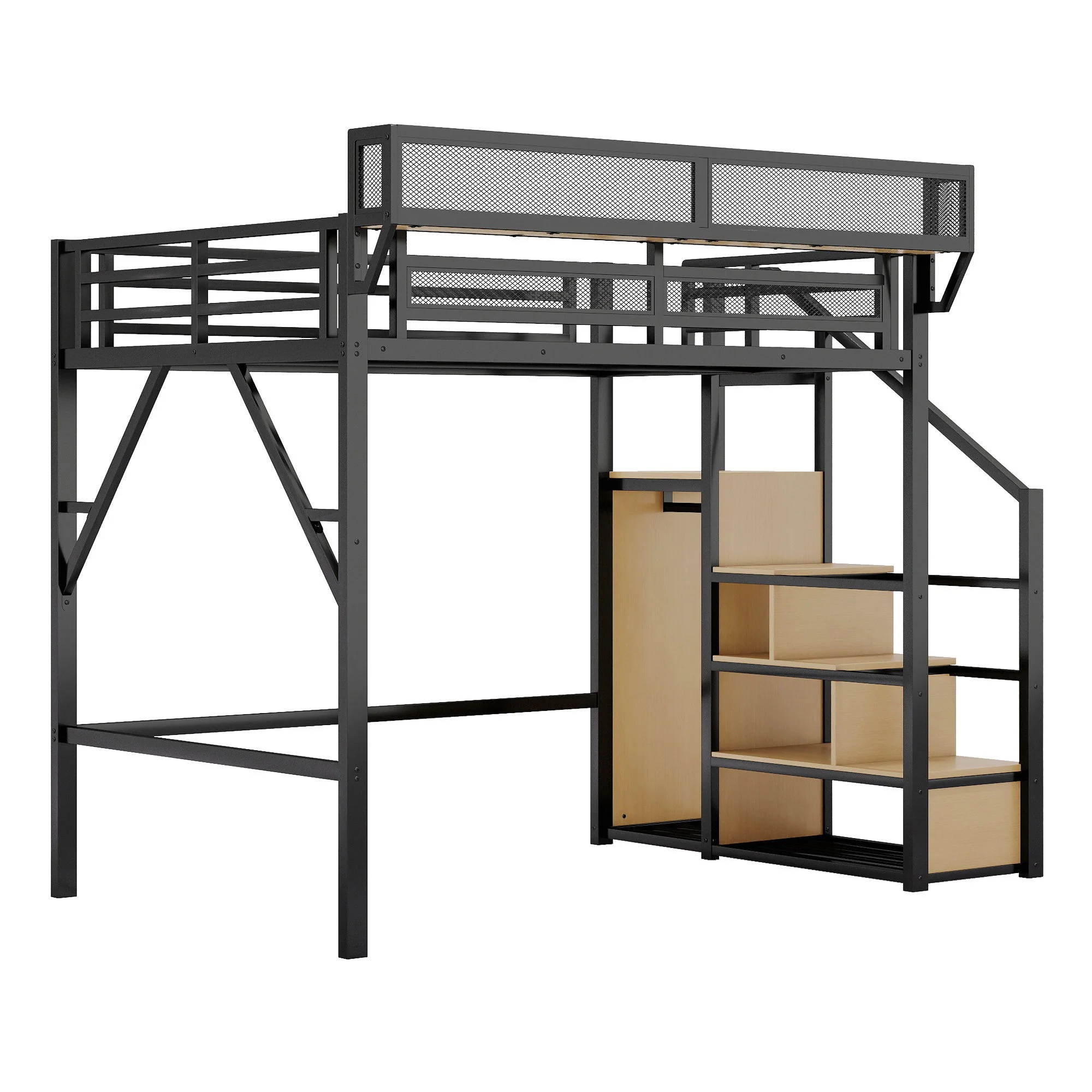 Loft Bed With Stairs, Storage Shelves, Wardrobe - Image 2