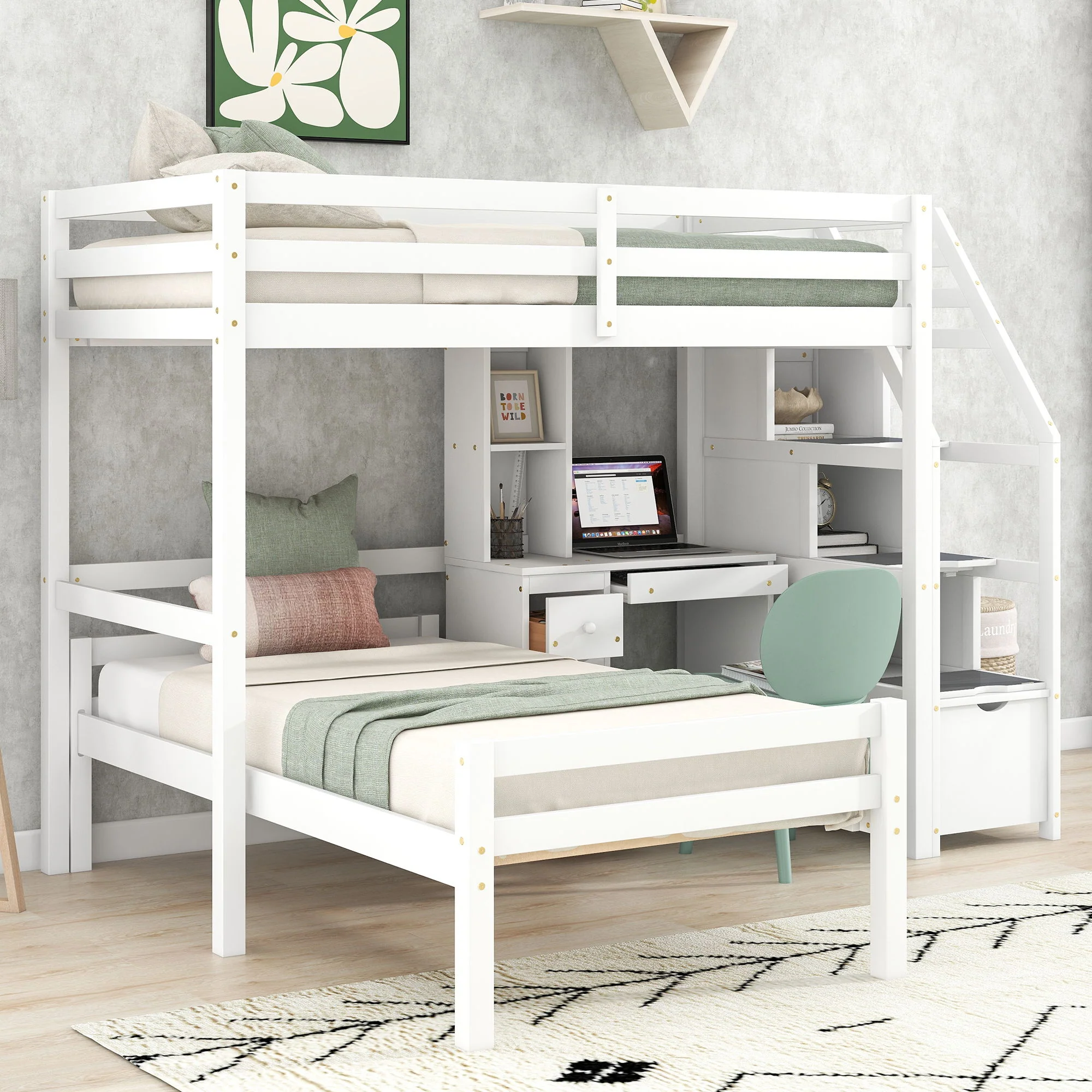 Loft Bed With Stand Alone Bed, Storage Staircase, Desk, Shelves, And Drawers - Image 12