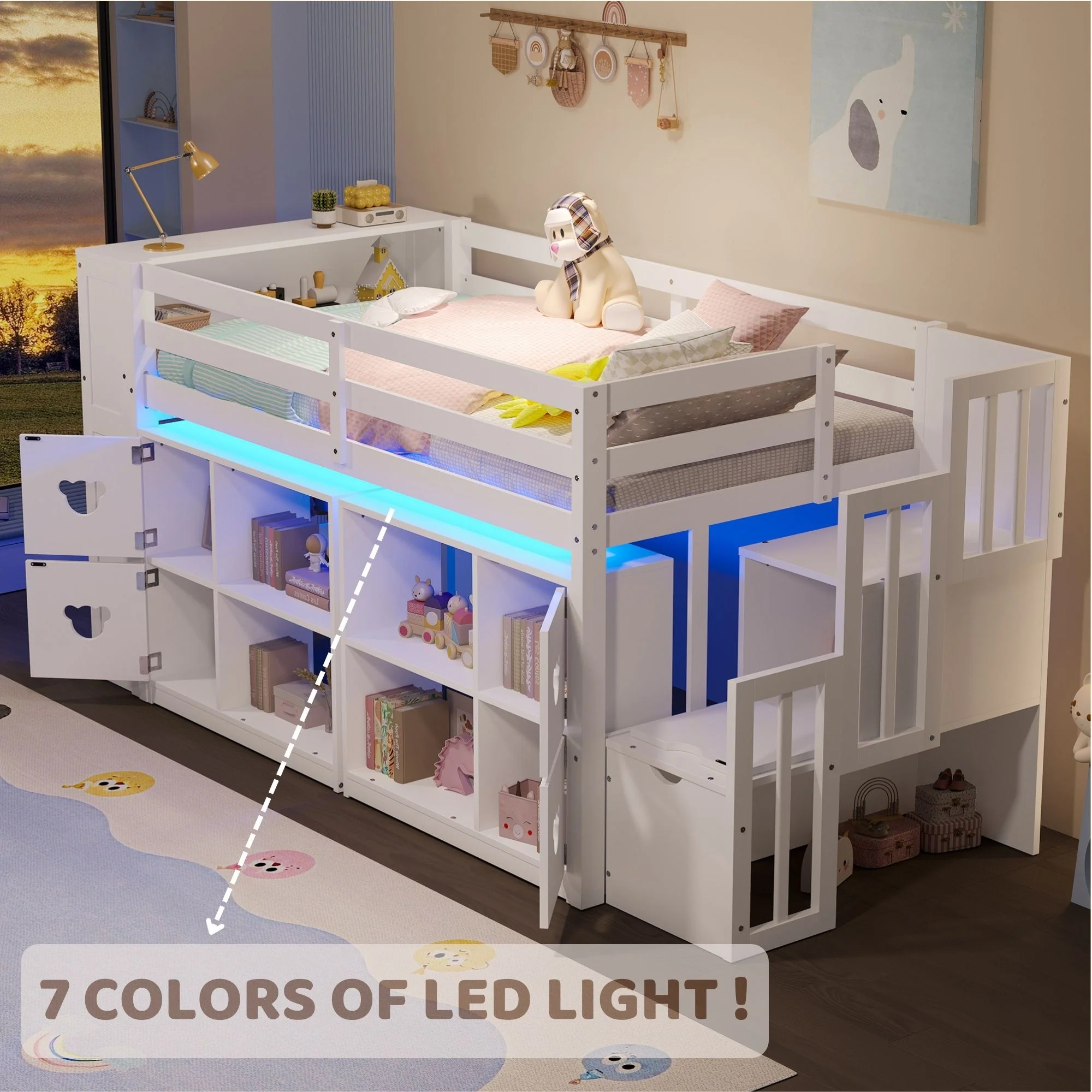 Loft Bed With Storage Cabinets, Staircase Drawers & LED Lights - Image 17