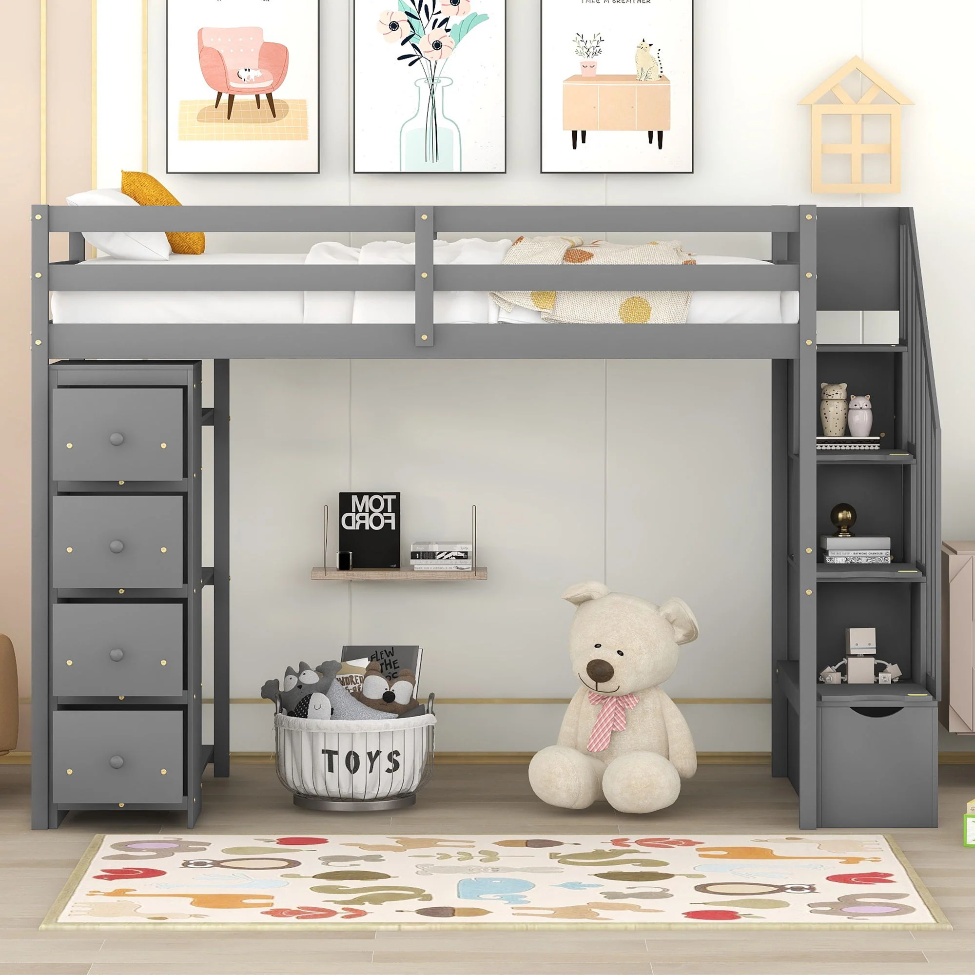 Loft Bed With Storage Drawers And Stairs With Shelves - Image 23