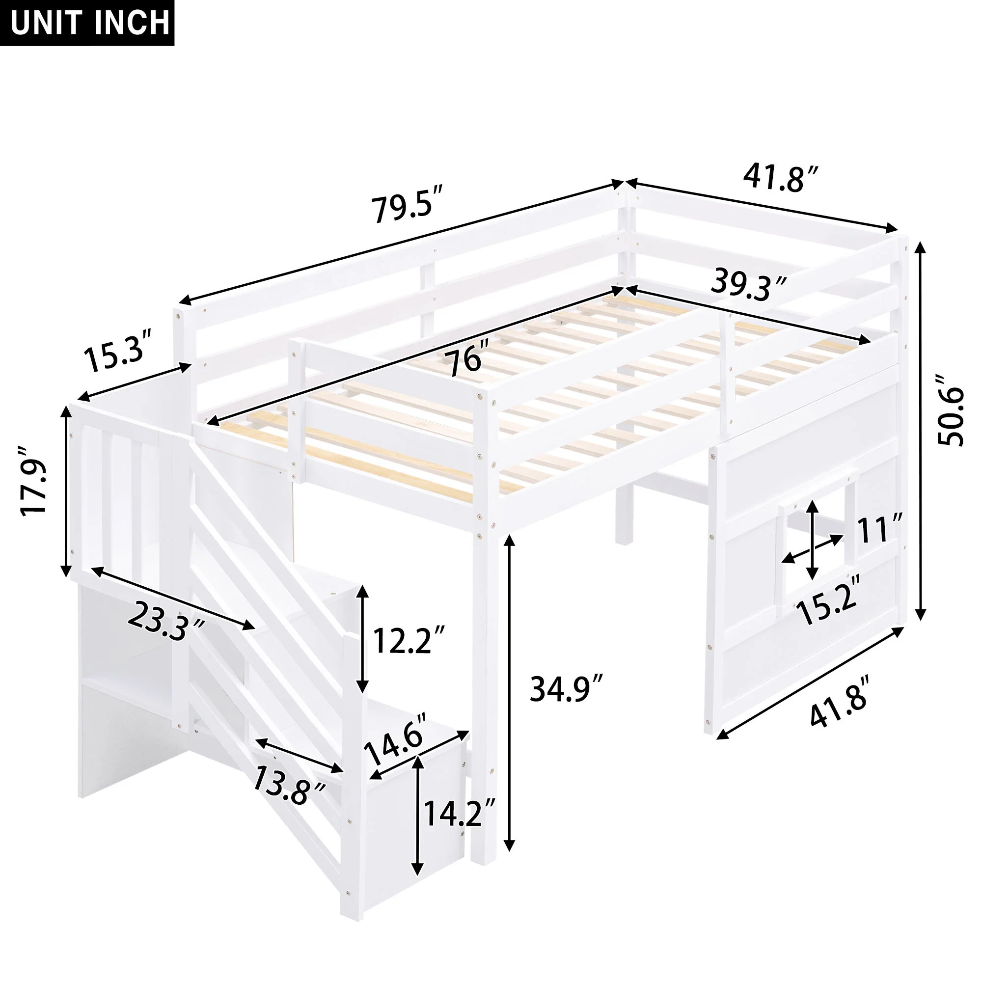 Loft Bed With Storage Staircase, Window & LED Light - Image 11