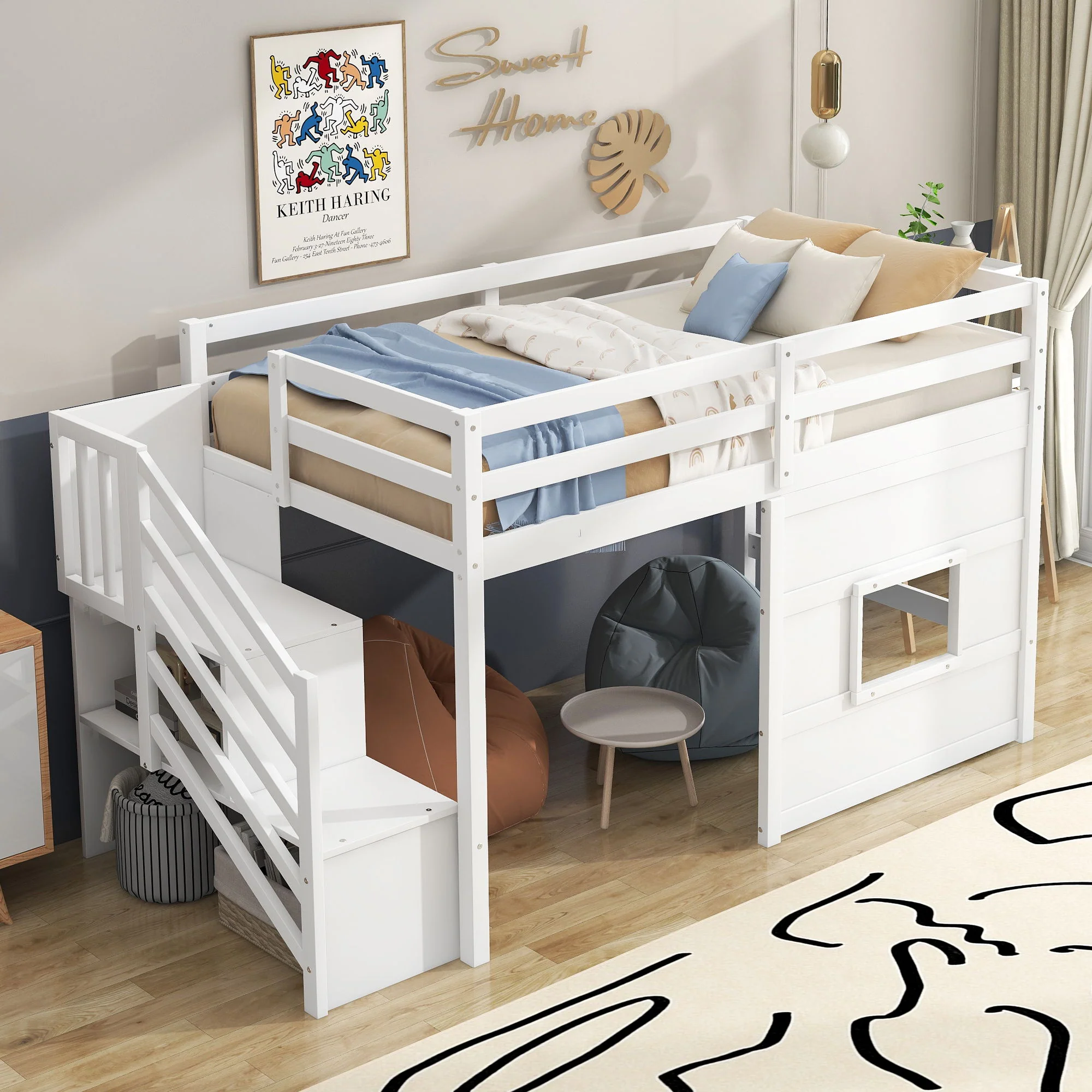 Loft Bed With Storage Staircase, Window & LED Light - Image 15