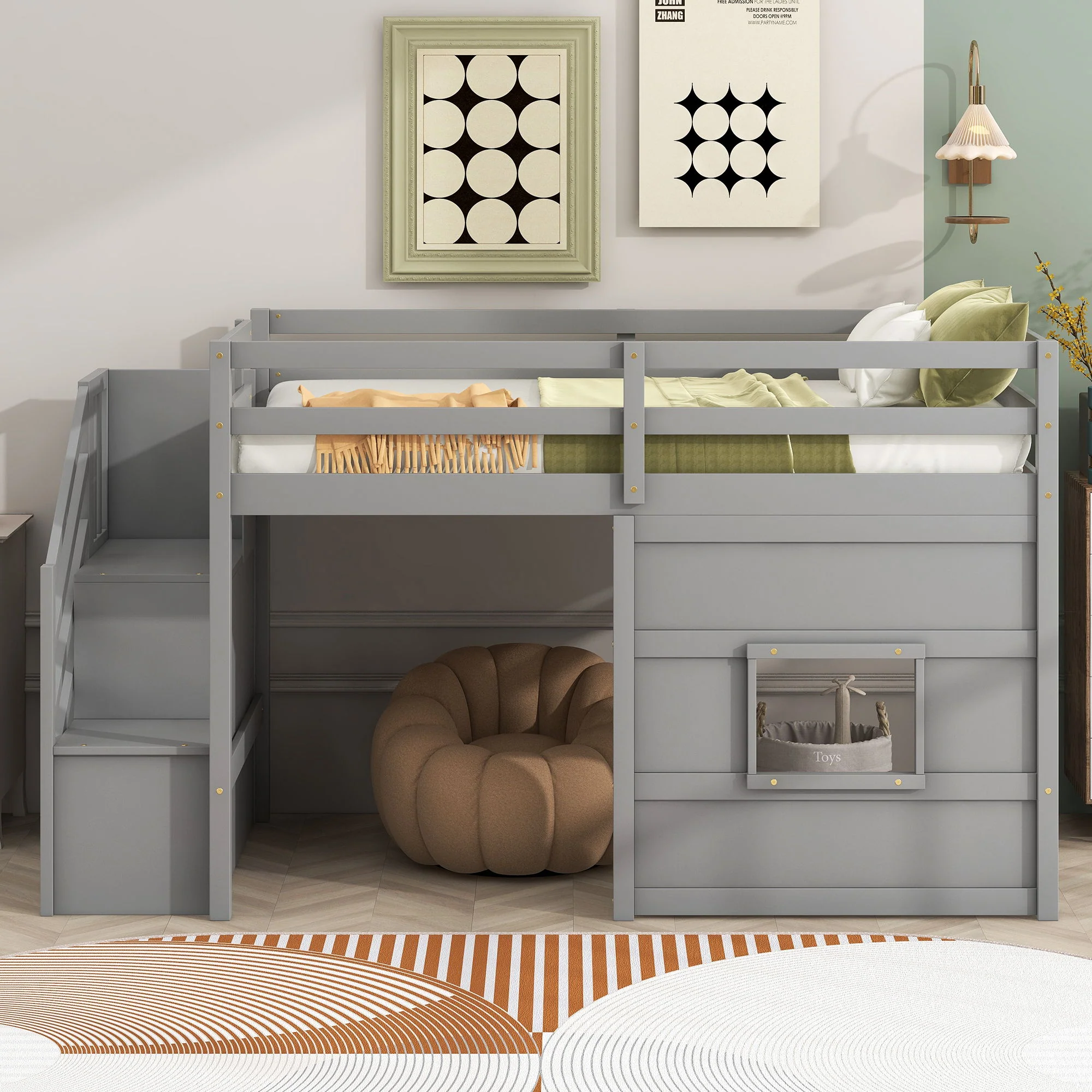 Loft Bed With Storage Staircase, Window & LED Light - Image 9