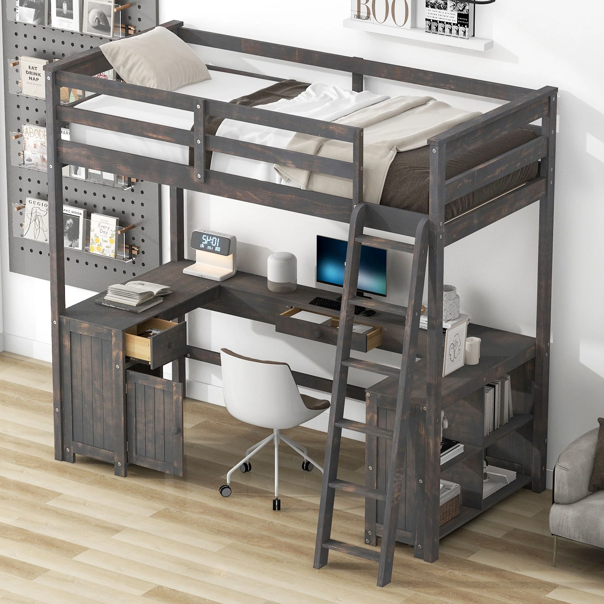 Loft Bed With U-Shaped Desk, Drawers, And Storage Shelves - Image 5