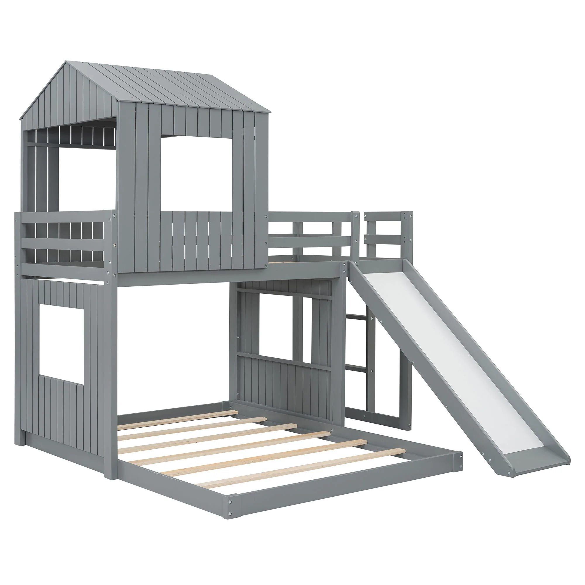 Loft Bunk Bed With Playhouse, Farmhouse, Ladder, Slide And Guardrails - Image 13