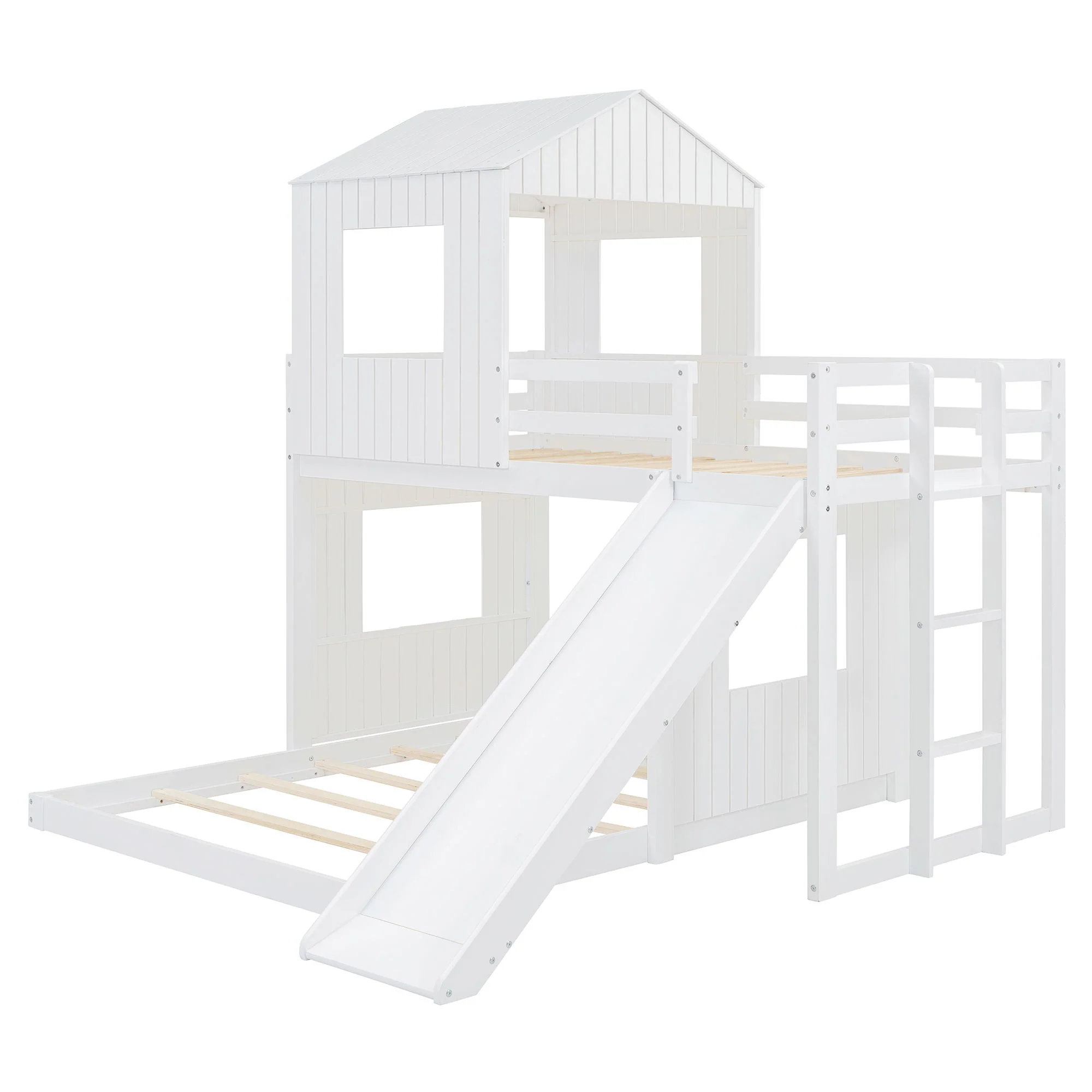 Loft Bunk Bed With Playhouse, Farmhouse, Ladder, Slide And Guardrails - Image 19