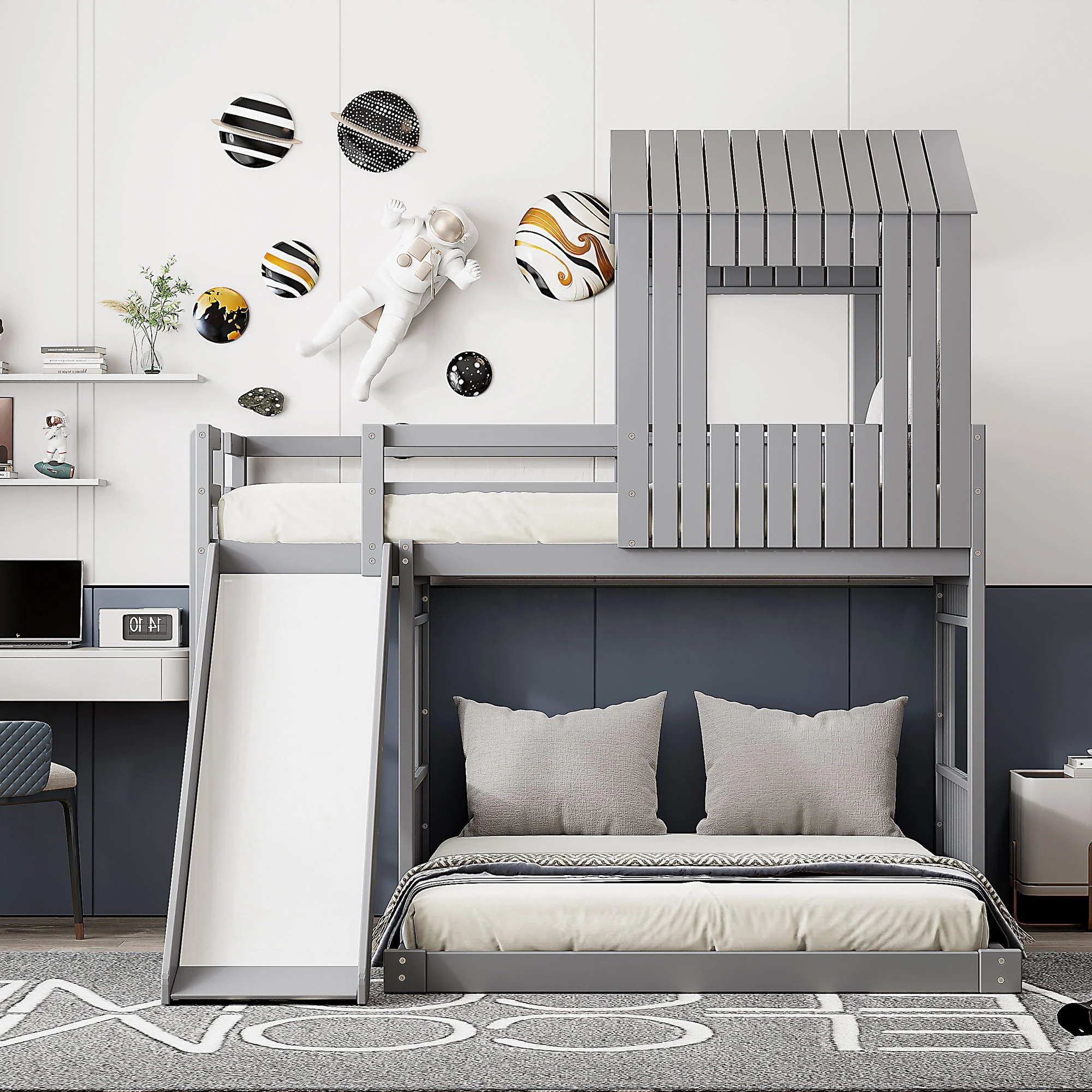 Loft Bunk Bed With Playhouse, Farmhouse, Ladder, Slide And Guardrails - Image 23