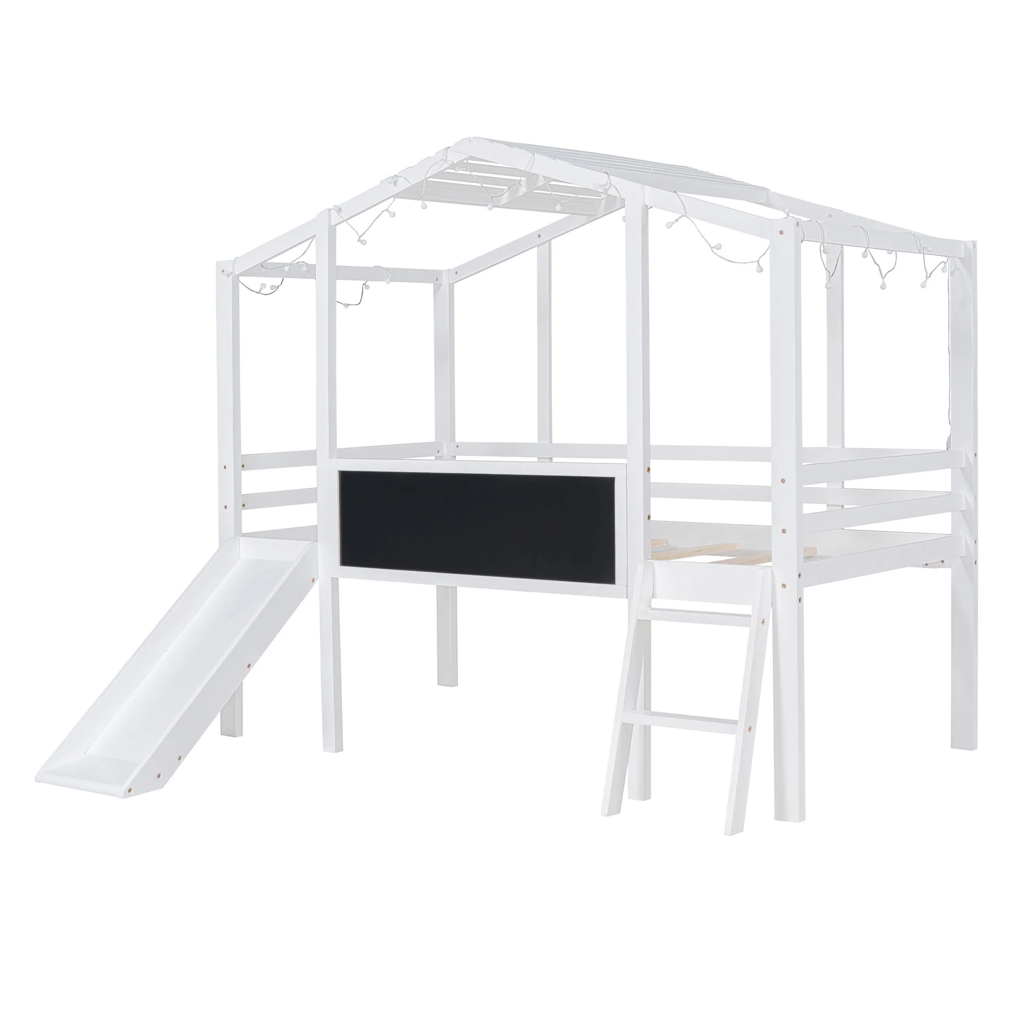 Loft House Bed With Ladder And Slide, With board And Light Strip On The Roof - Image 7
