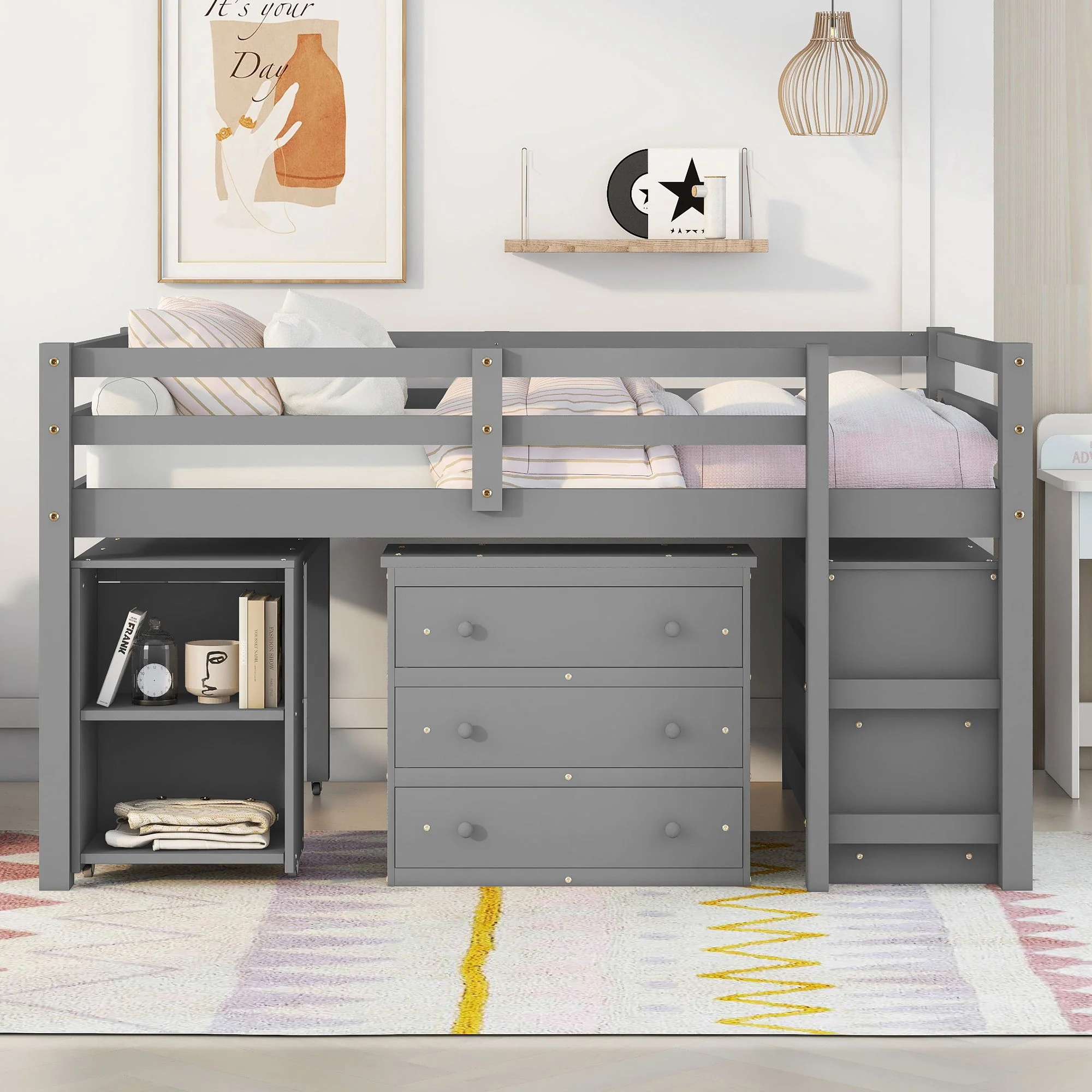 Loft Low Study Bed With Cabinet, Shelves And Rolling Portable Desk, Multiple Functions - Image 8