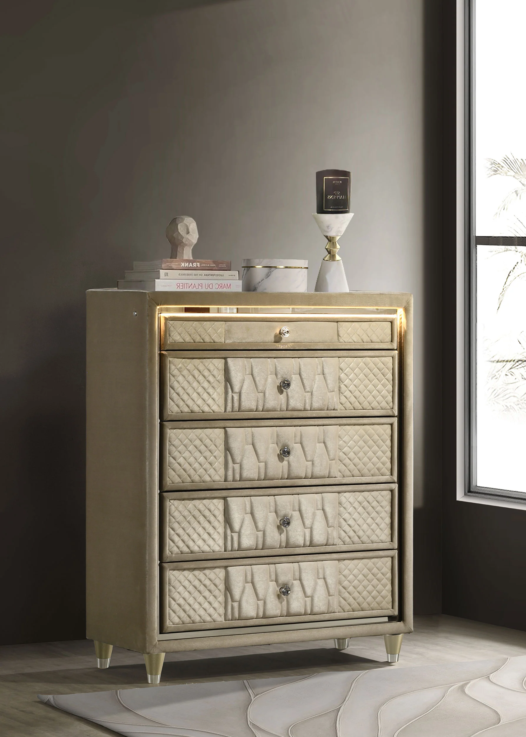 Lorient 5-Drawer LED Chest, Ivory and Camel Velvet - Image 3