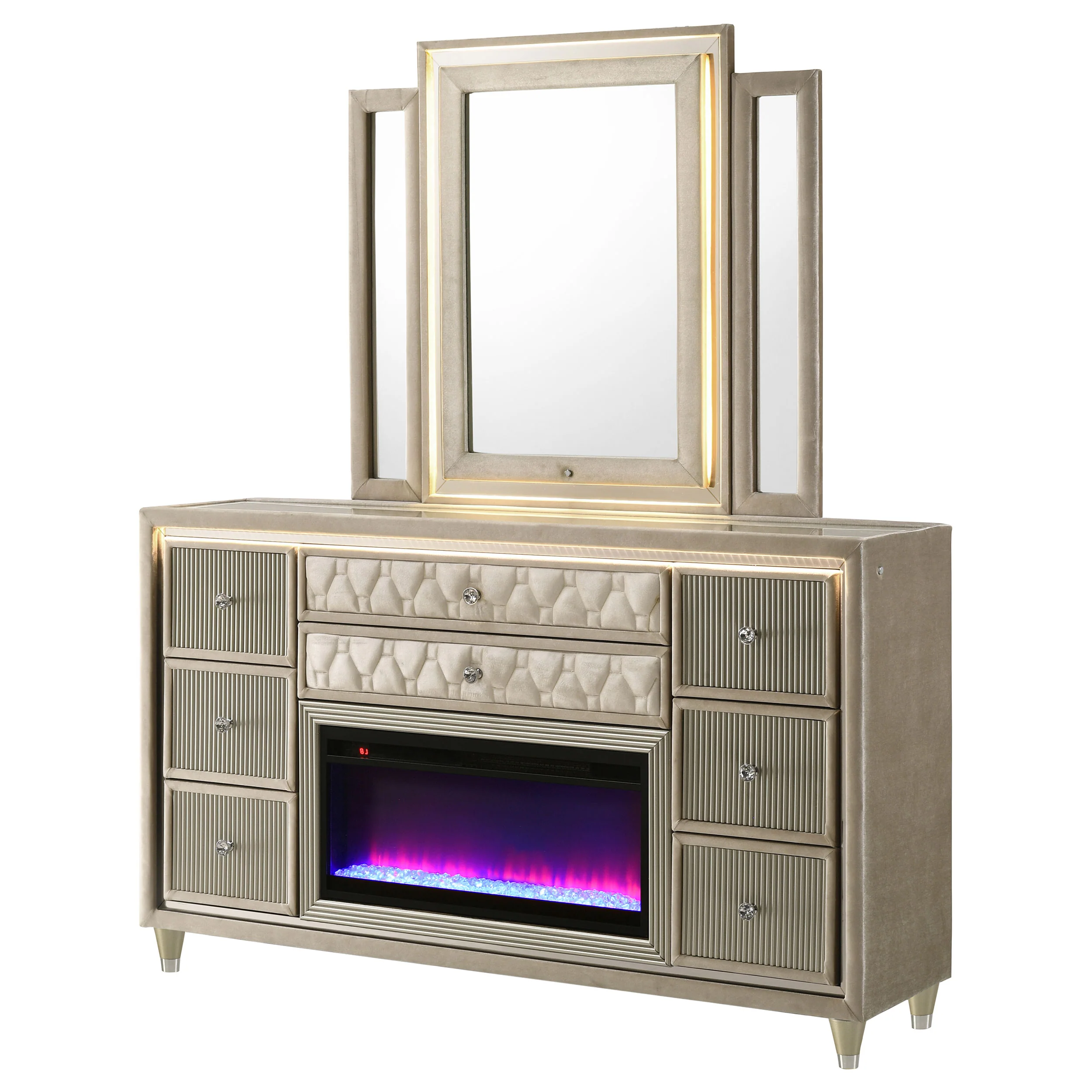 Lorient 8-Drawer LED Flame Box Dresser and Mirror Ivory Camel - Image 4
