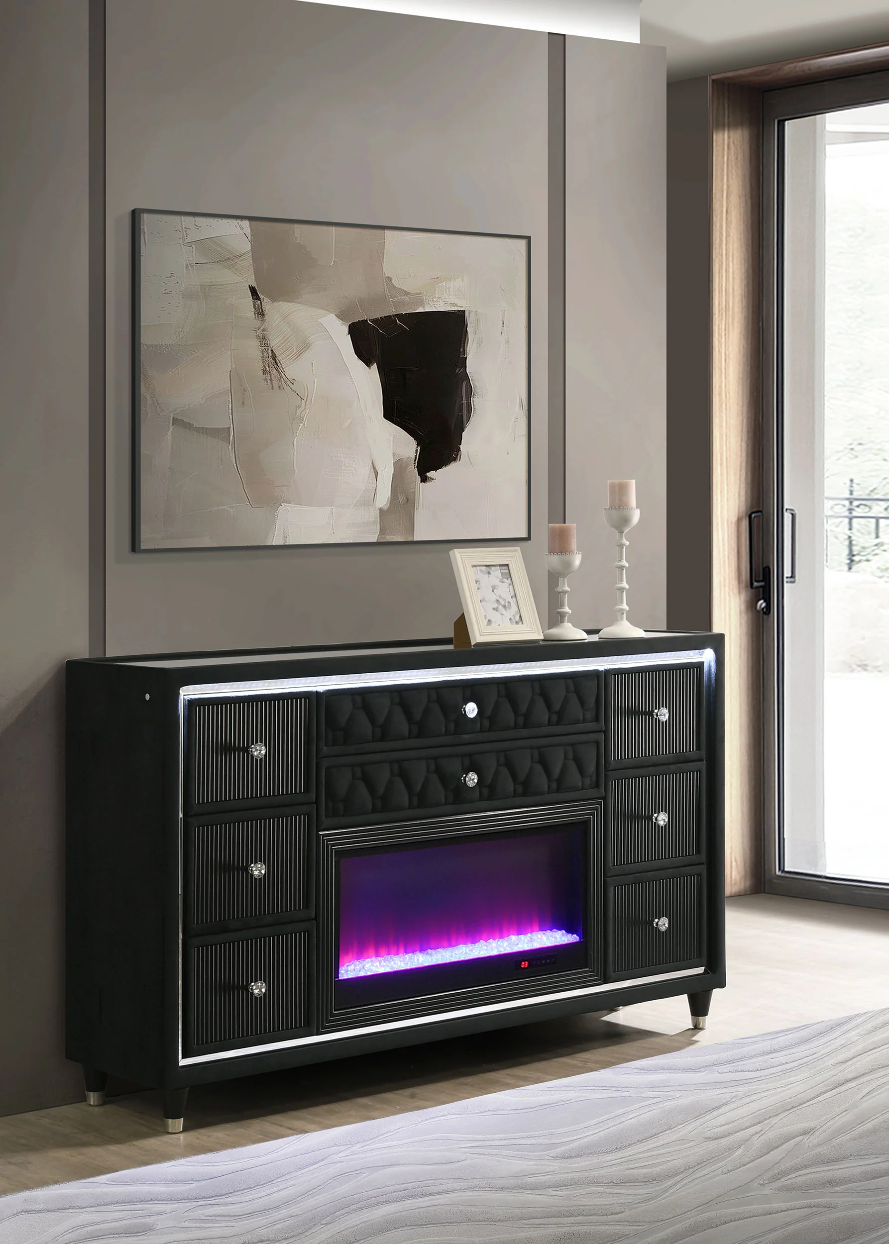 Lorient 8-Drawer LED Flame Box Dresser, Black Velvet - Image 3